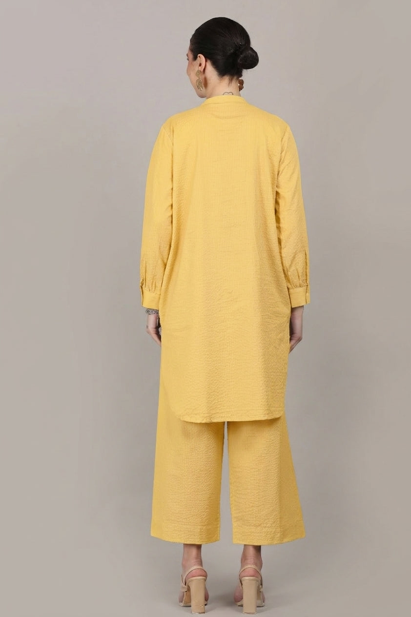 Lemon Yellow Seersucker Cotton A-Line Kurta Pant Co-Ord Set