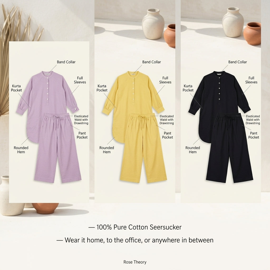 Black Seersucker Cotton A-Line Kurta Pant Co-Ord Set