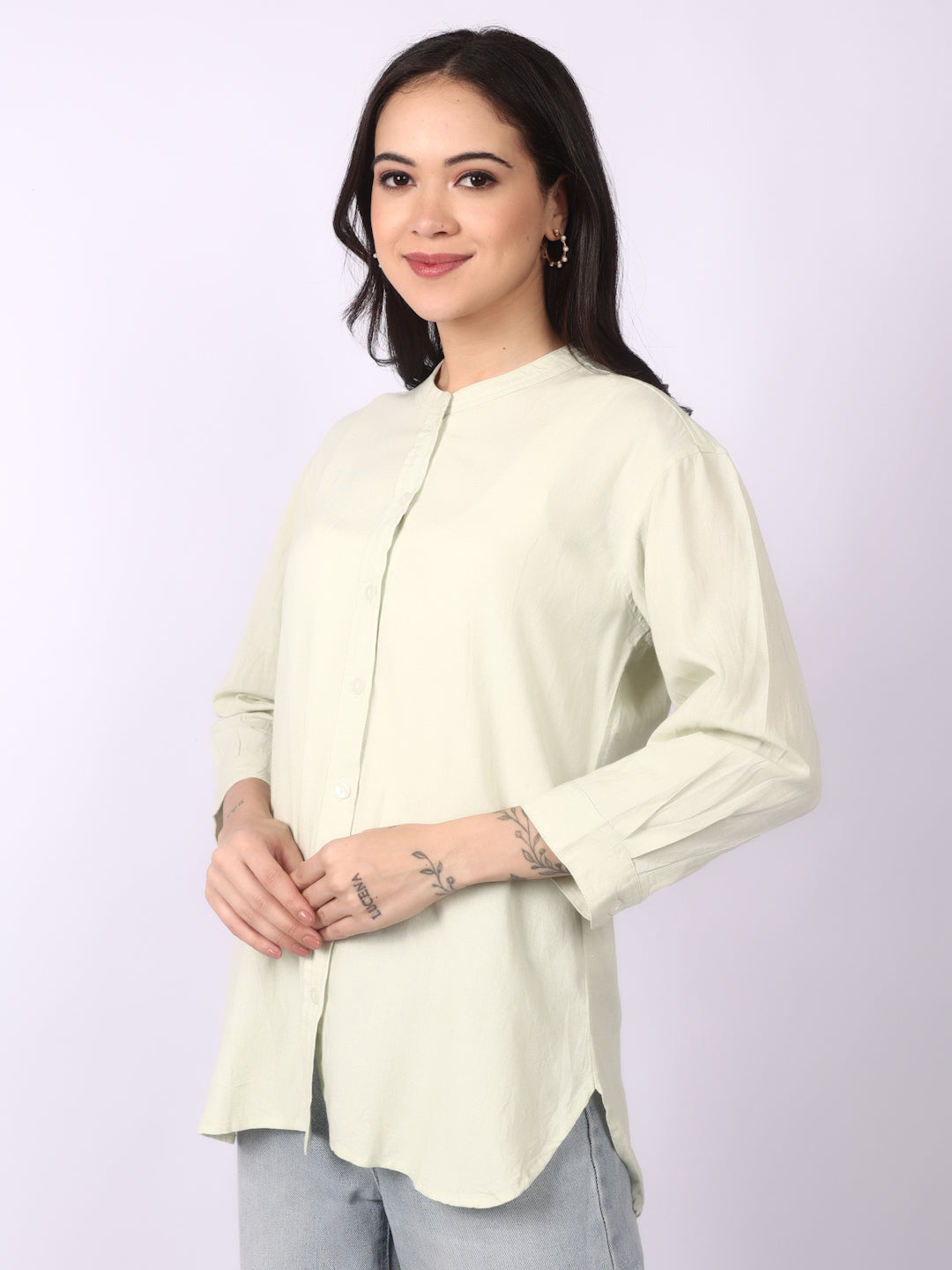 Alabaster Linen Blend Band Collar Shirt 3/4 Sleeve