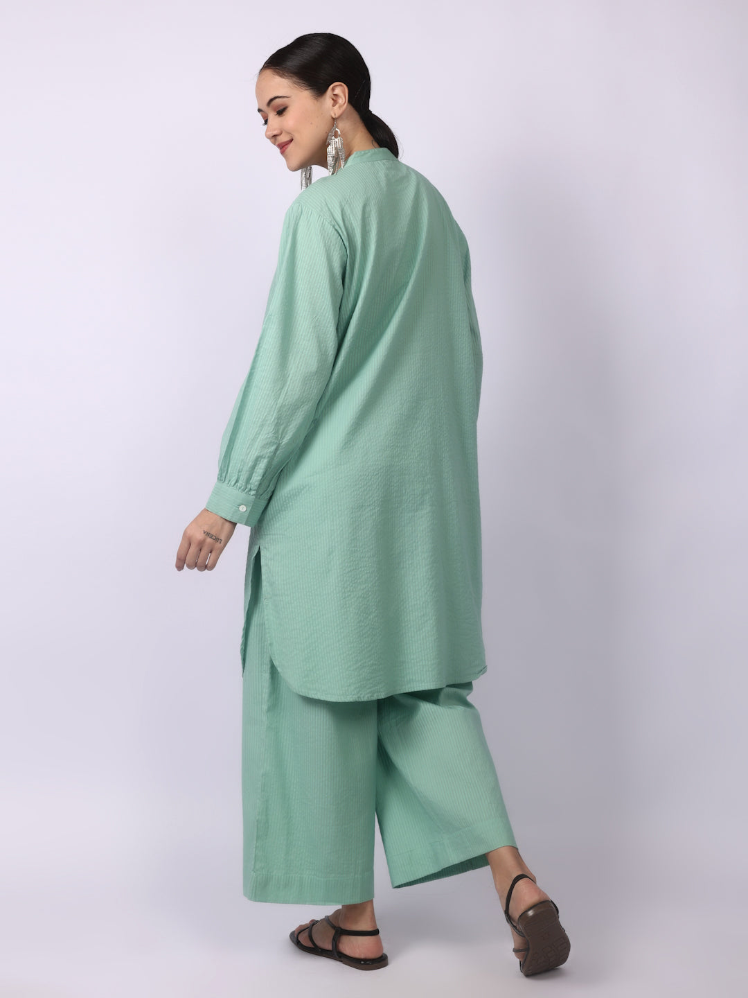 Green Seersucker Striped Cotton A-Line Kurta Pant Co-Ord Set