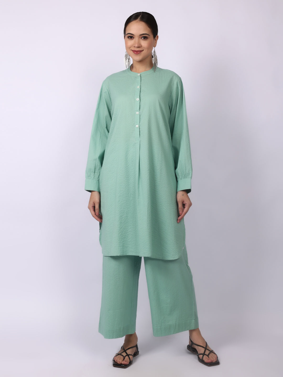 Green Seersucker Striped Cotton A-Line Kurta Pant Co-Ord Set