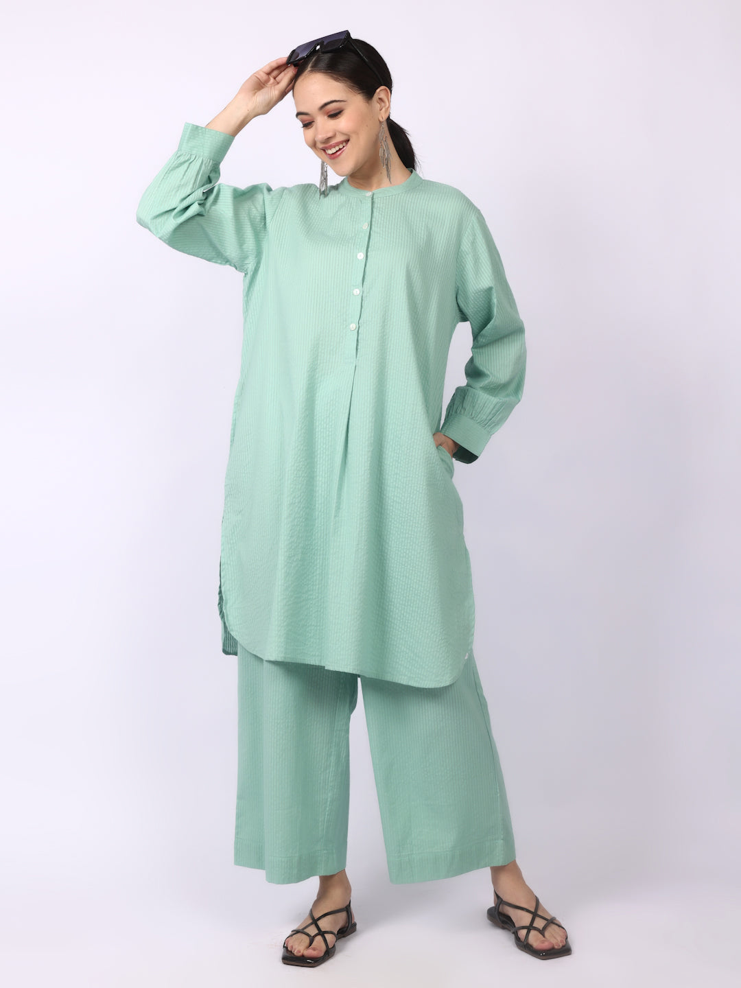 Green Seersucker Striped Cotton A-Line Kurta Pant Co-Ord Set