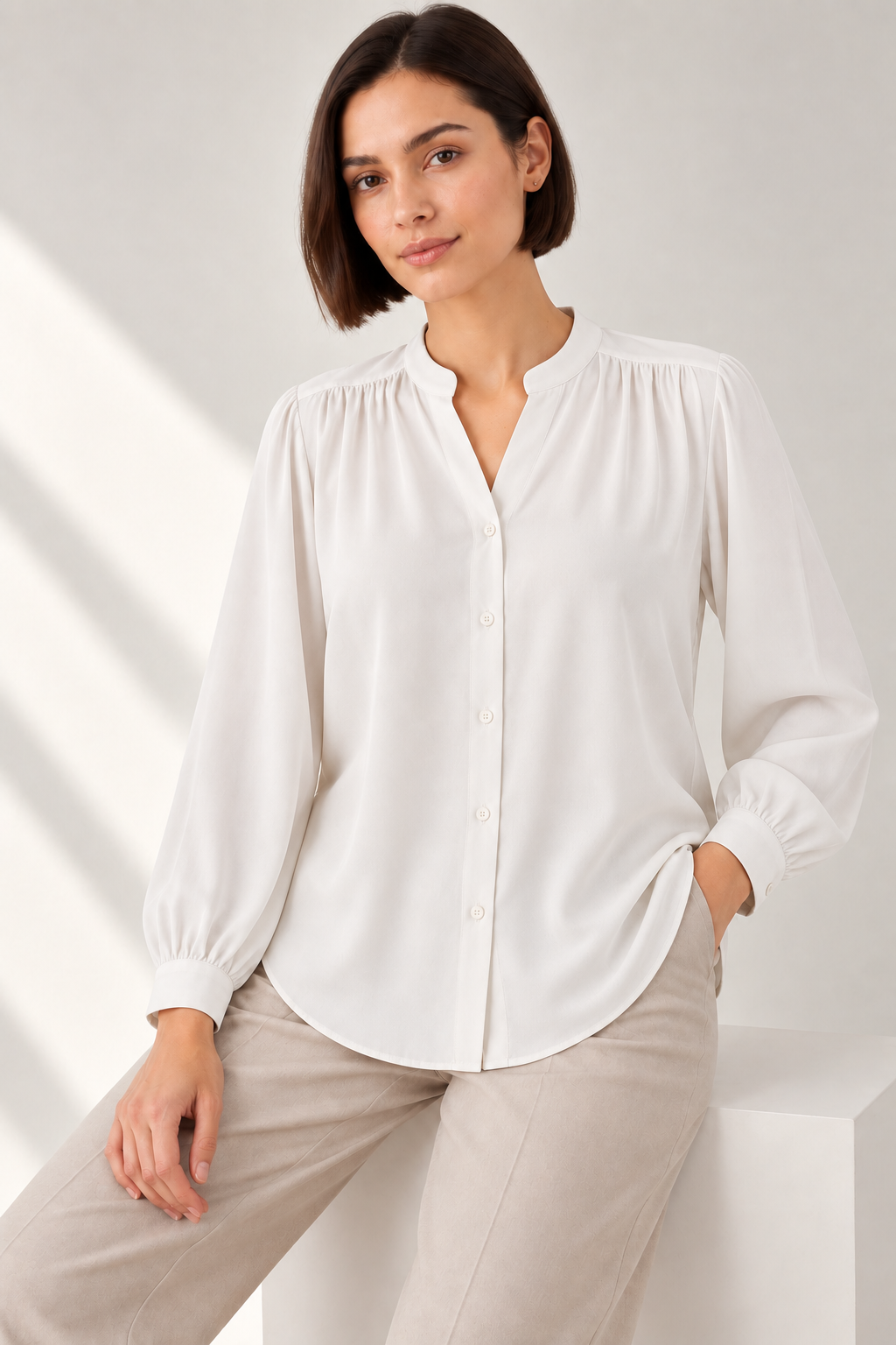 The Gathered Viscose Shirt in Cloud White