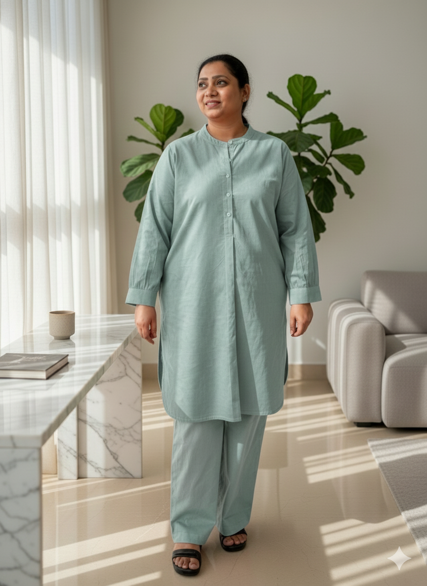 Shadow Green Corduroy Solid Cotton A-Line Kurta Pant Co-Ord Set