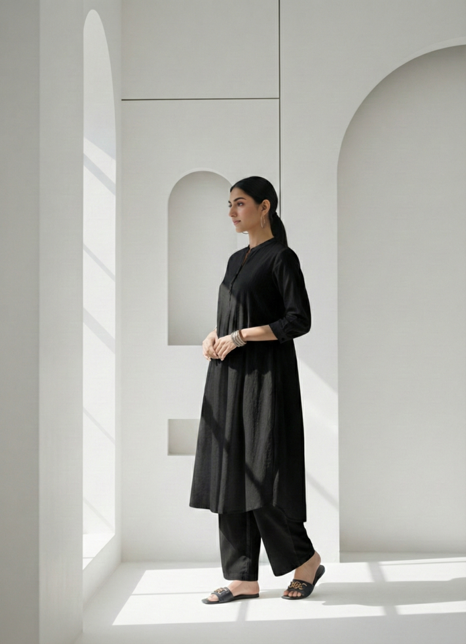 Black Dobby Striped Cotton A-Line Kurta Pant Co-Ord Set (Sukoon)