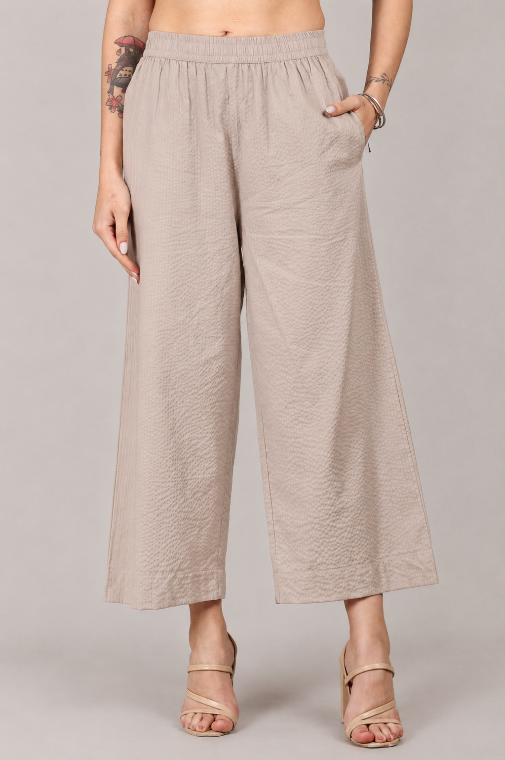 Silver Cloud Beige Seersucker Cotton A-Line Kurta Pant Co-Ord Set