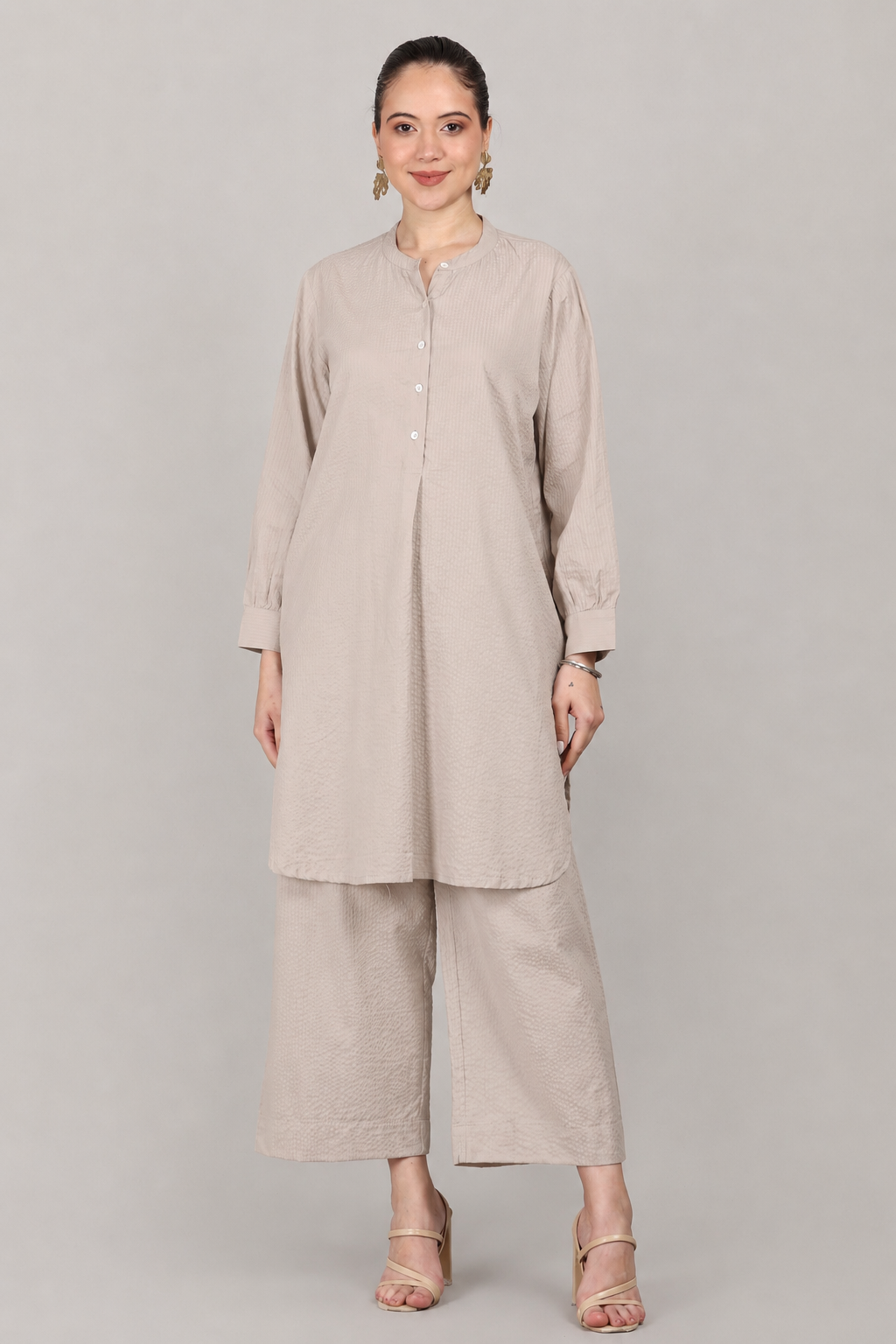 Silver Cloud Beige Seersucker Cotton A-Line Kurta Pant Co-Ord Set