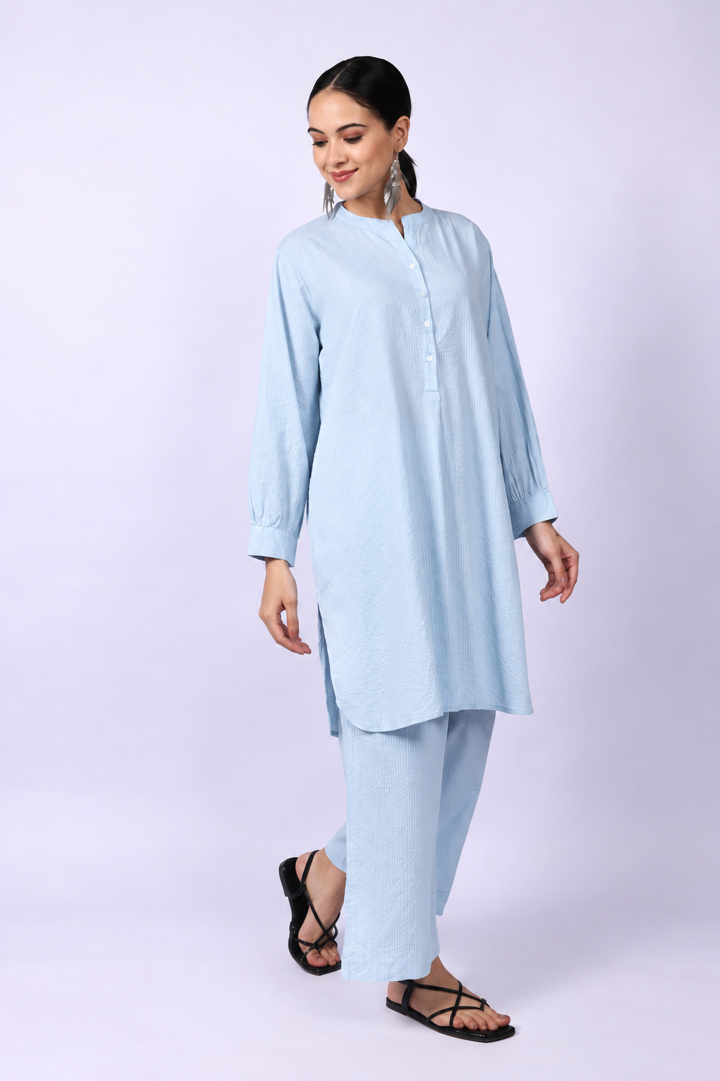Water Blue Seersucker Cotton A-Line Kurta Pant Co-Ord Set