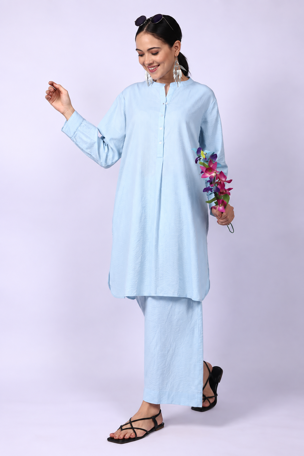 Water Blue Seersucker Cotton A-Line Kurta Pant Co-Ord Set