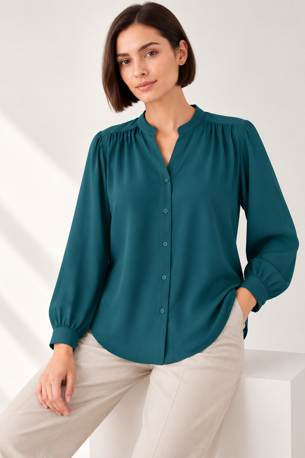 The Gathered Viscose Shirt in Deep Teal