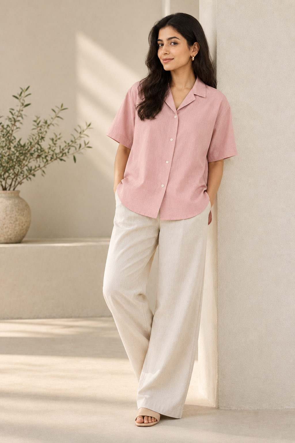 Everyday Open Collar Shirt in Dusty Pink