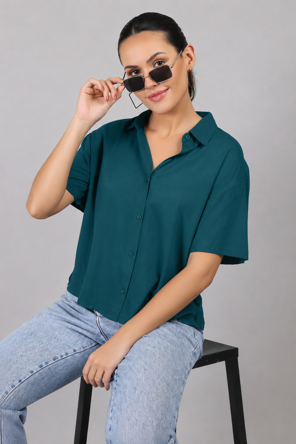 The Boxy Short Sleeve Viscose Shirt in Deep Teal