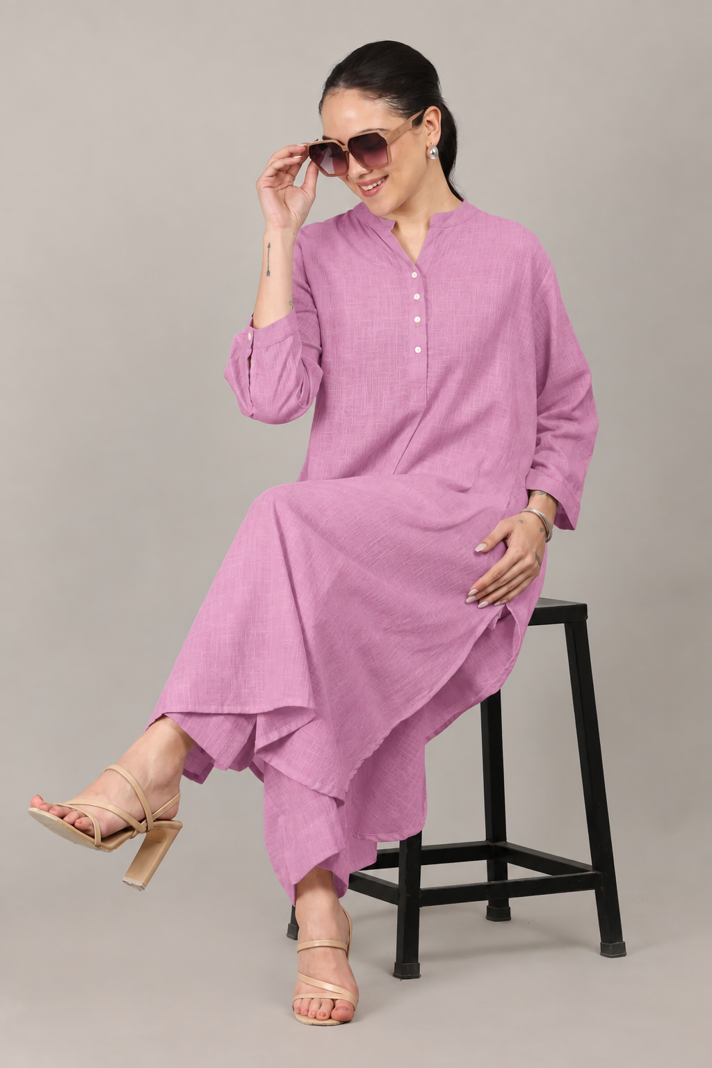 Mulberry Dobby Striped Cotton A-Line Kurta Pant Co-Ord Set (Sukoon)