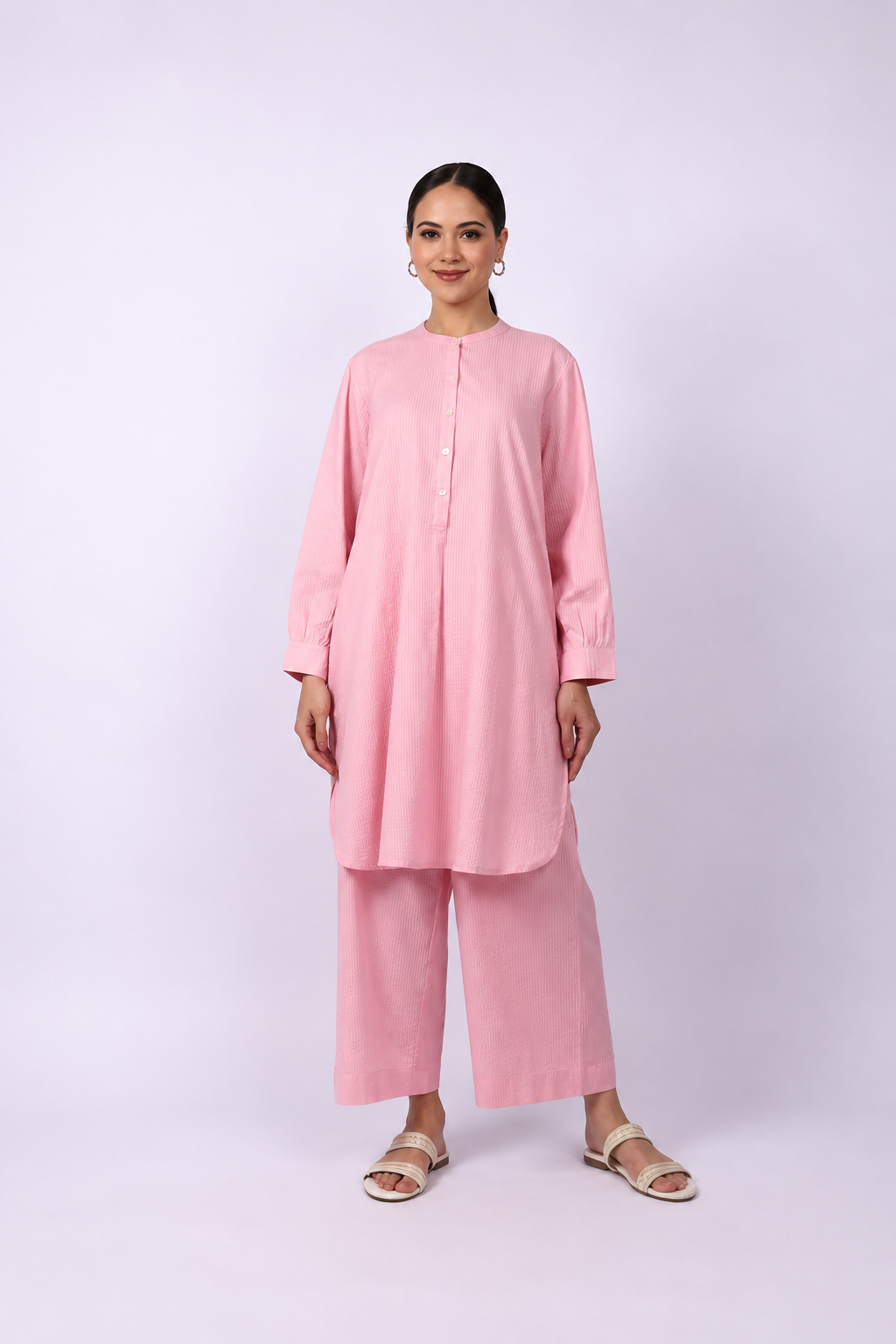 Orchid Pink Seersucker Cotton A-Line Kurta Pant Co-Ord Set