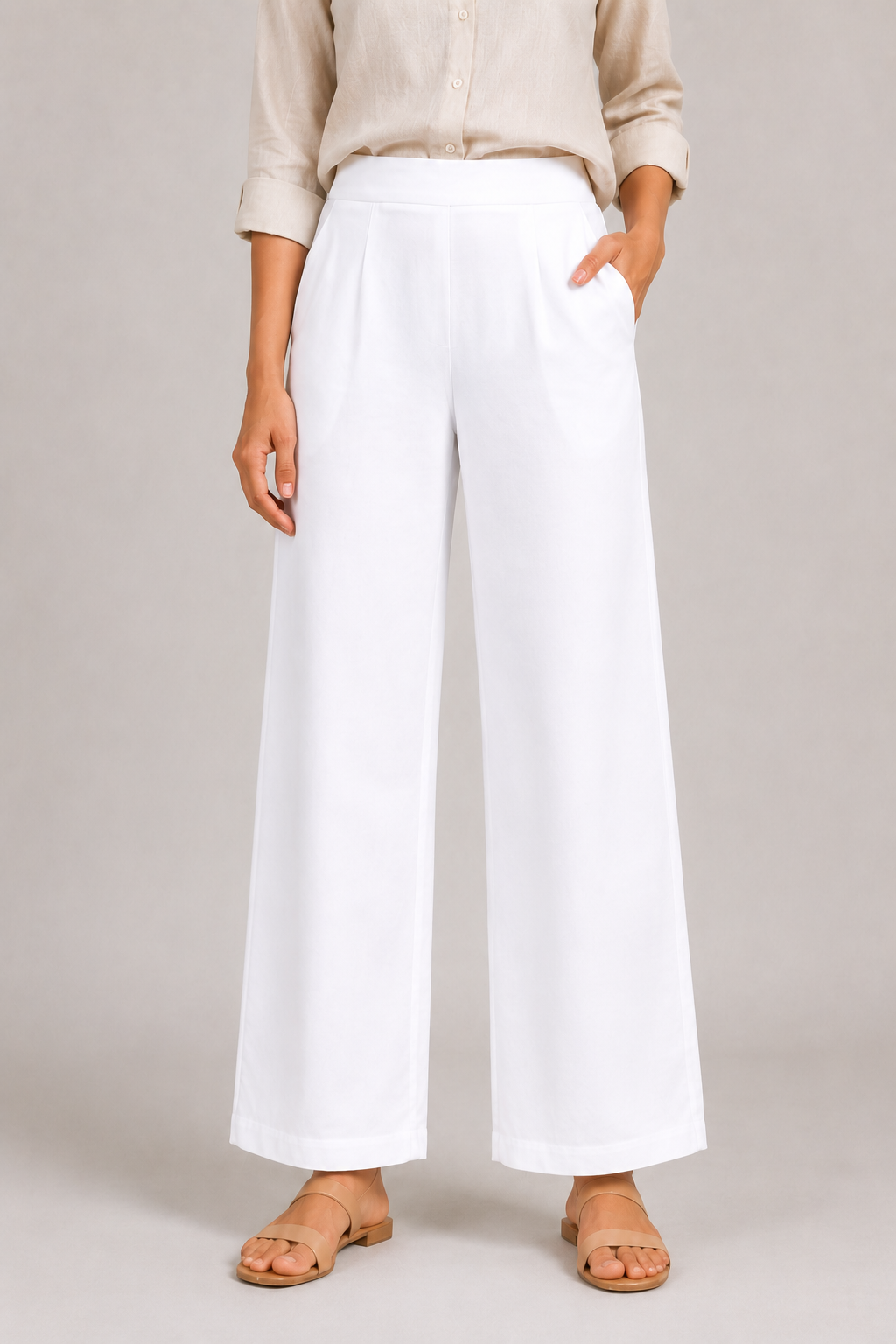 White Easy Wide-Leg Pants — Pure Cotton Stretch