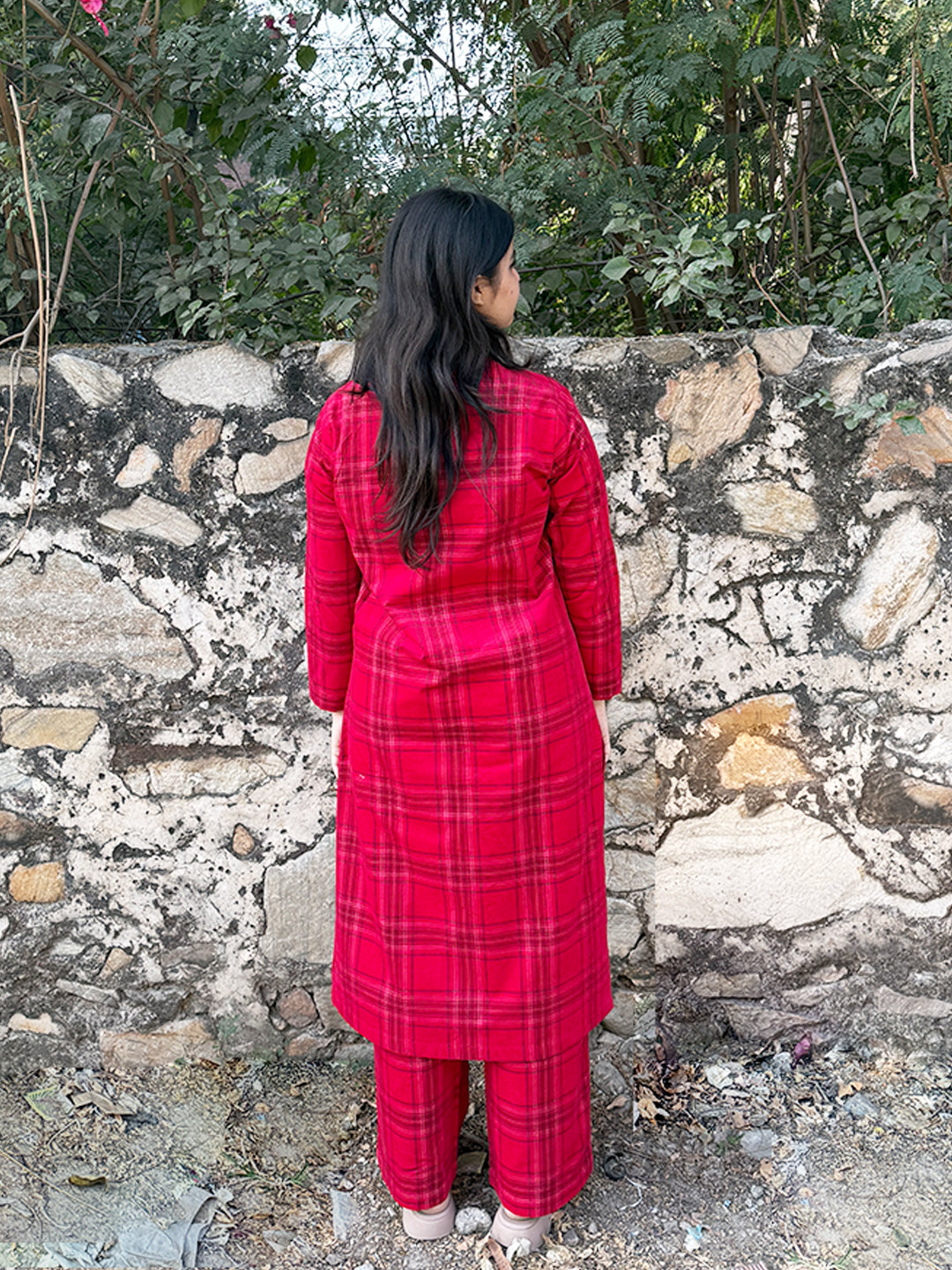 Ribbon Red Checks Corduroy Yarn-dyed Straight-Fit Cotton Kurta Pant Co-ord Set