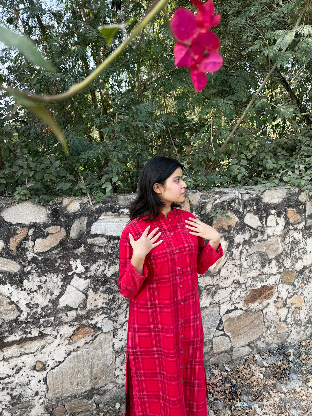 Ribbon Red Checks Corduroy Yarn-dyed Straight-Fit Cotton Kurta Pant Co-ord Set