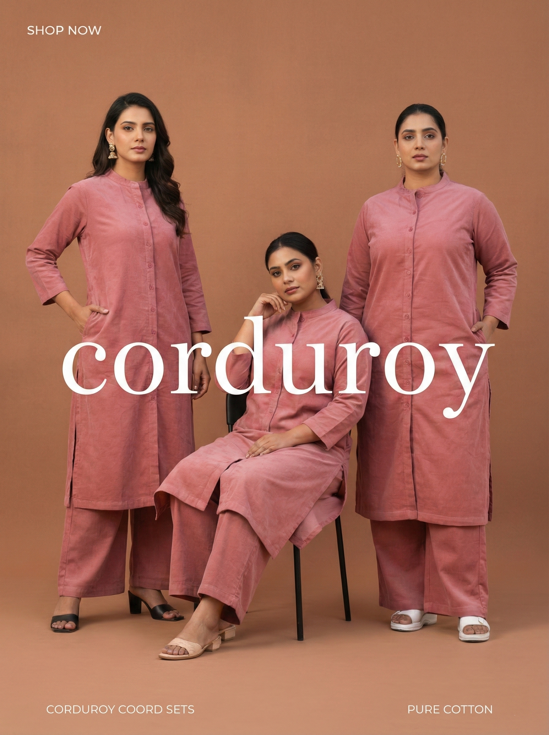 Sea Pink Corduroy Solid Straight-Fit Cotton Kurta Pant Co-ord Set