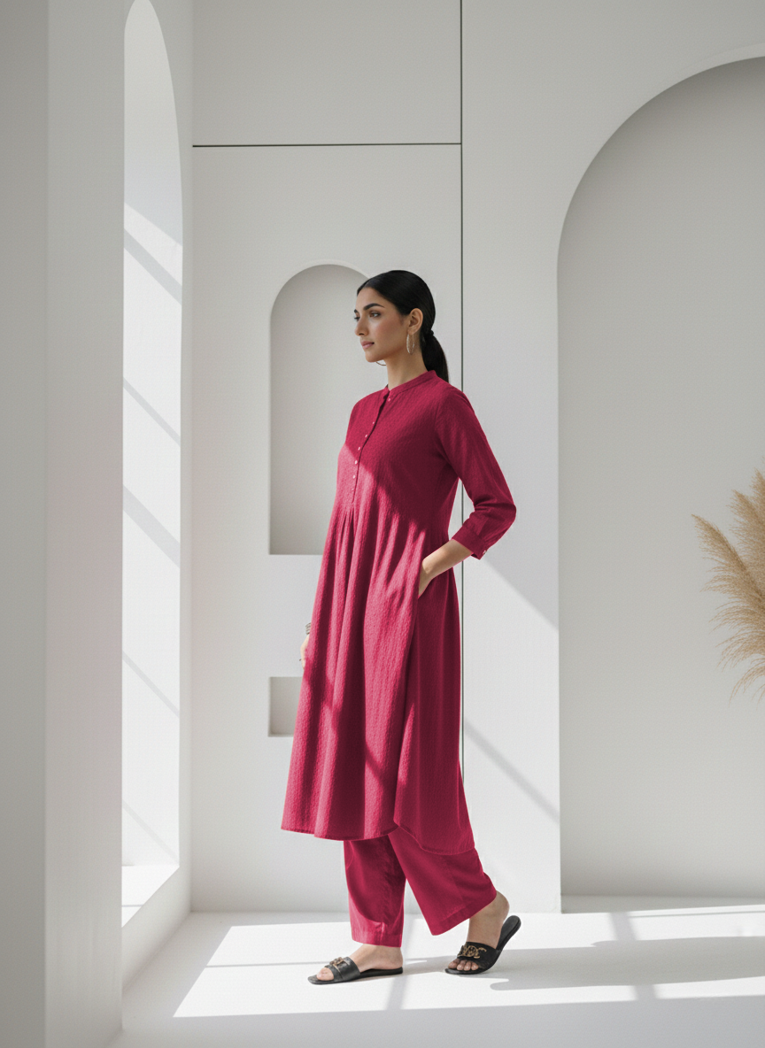 Sangria Dobby Striped Cotton A-Line Kurta Pant Co-Ord Set (Sukoon)