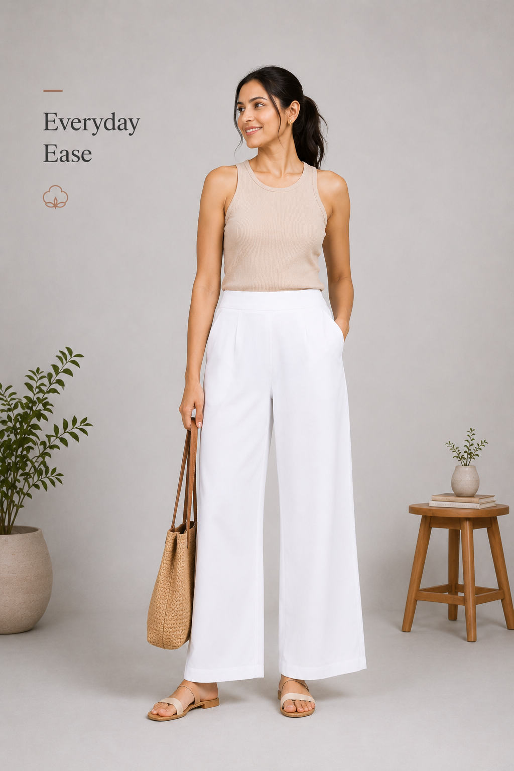 White Easy Wide-Leg Pants — Pure Cotton Stretch