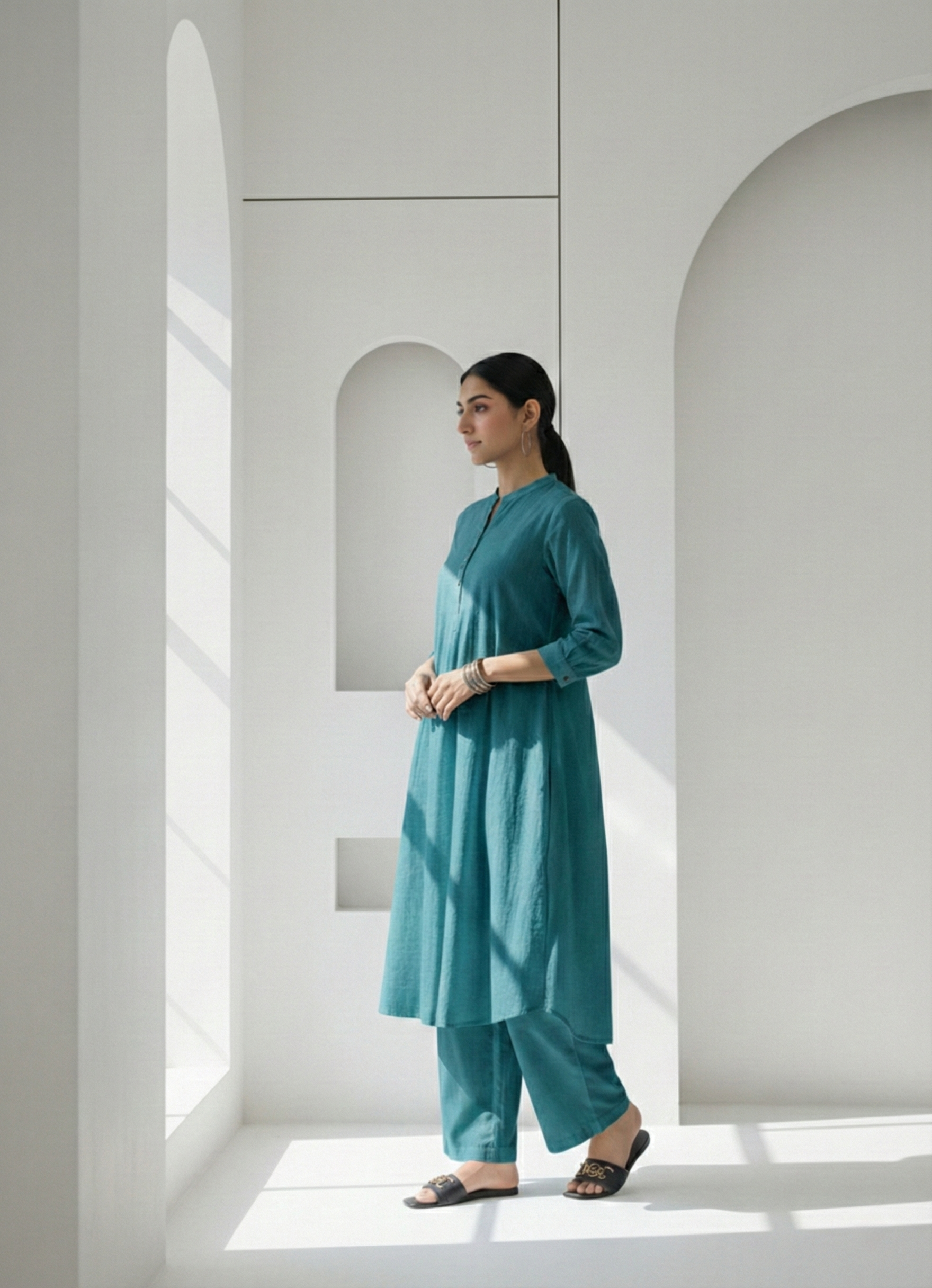 Teal Dobby Striped Cotton A-Line Kurta Pant Co-Ord Set (Sukoon)