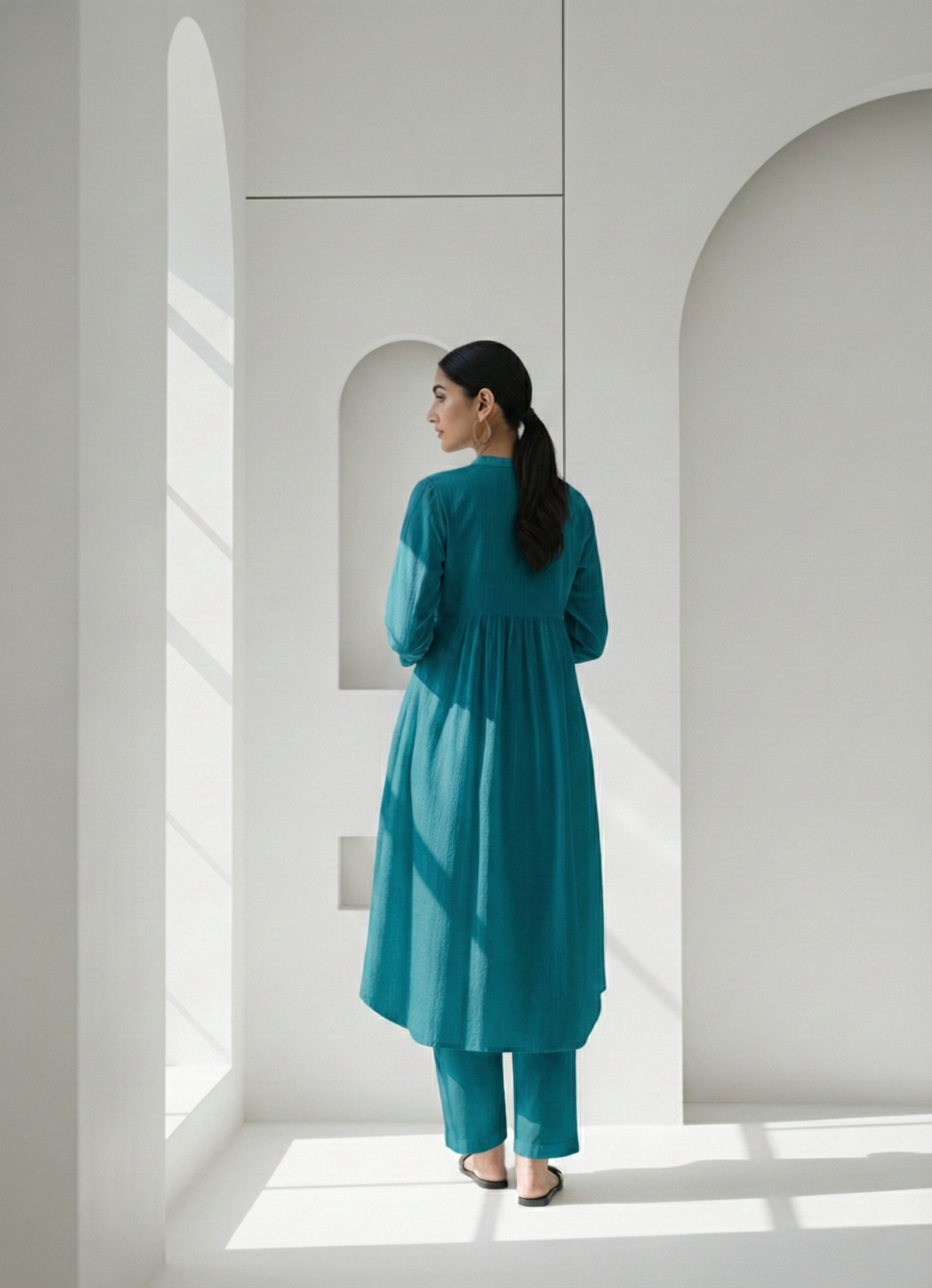 Teal Dobby Striped Cotton A-Line Kurta Pant Co-Ord Set (Sukoon)