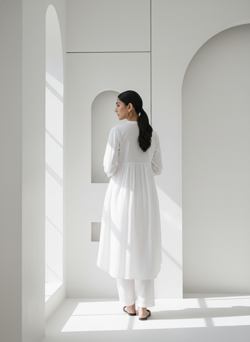 White Dobby Striped Cotton A-Line Kurta Pant Co-Ord Set (Sukoon)