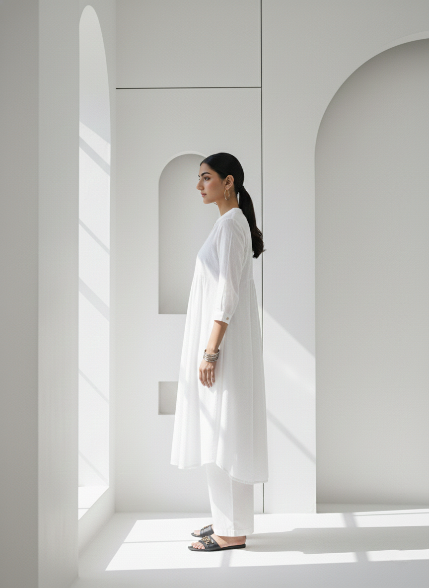 White Dobby Striped Cotton A-Line Kurta Pant Co-Ord Set (Sukoon)