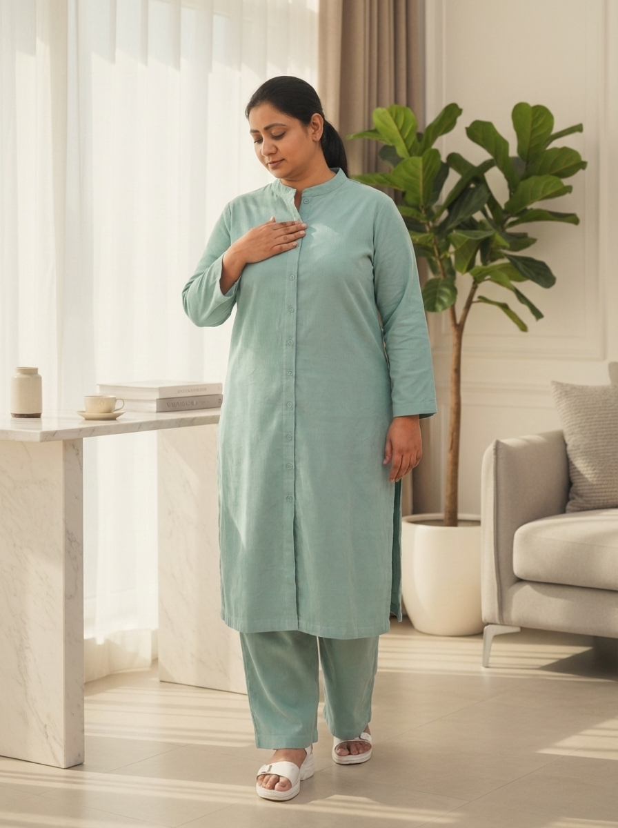 Shadow Green Corduroy Solid Straight-Fit Cotton Kurta Pant Co-ord Set