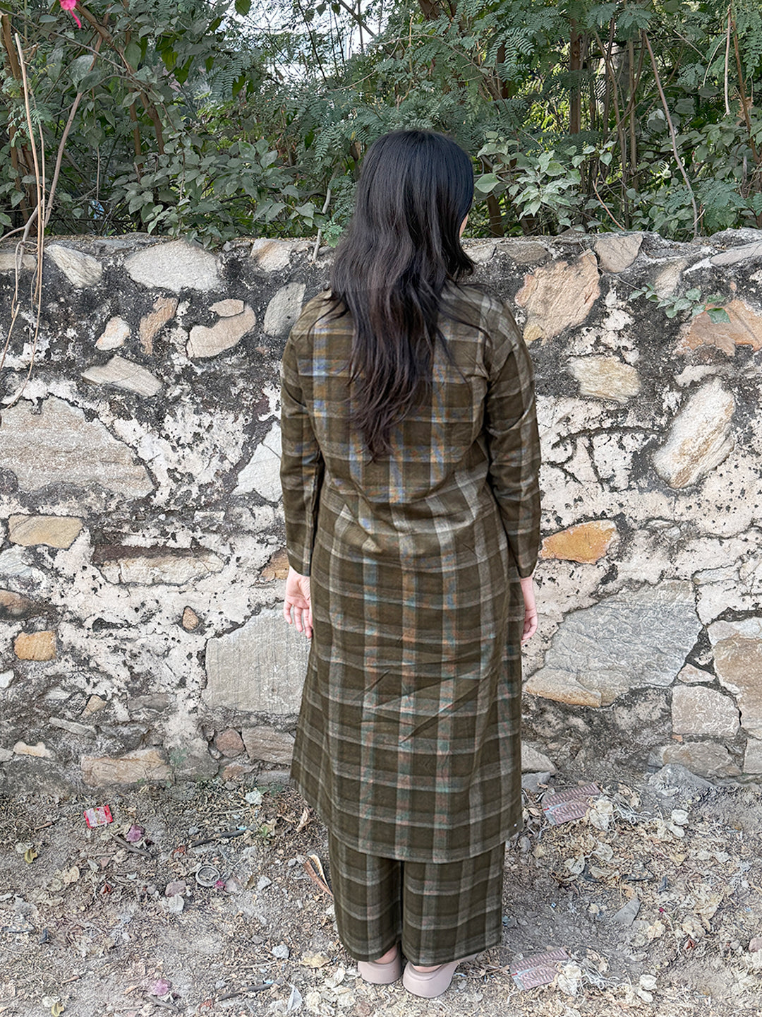 Timber Green Checks Corduroy Yarn-dyed Straight-Fit Cotton Kurta Pant Co-ord Set