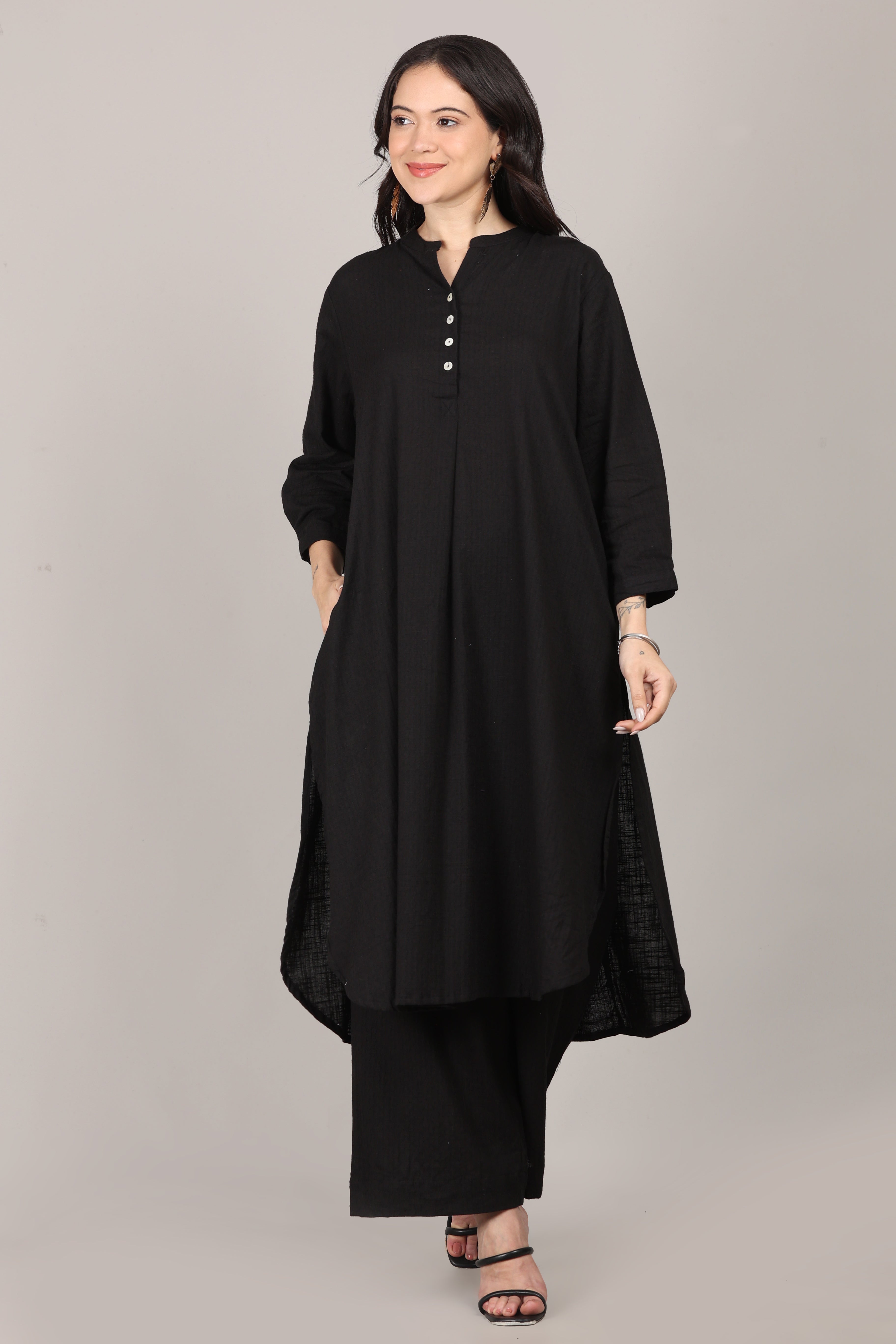 Black Dobby Striped Cotton A-Line Kurta Pant Co-Ord Set (Sukoon)