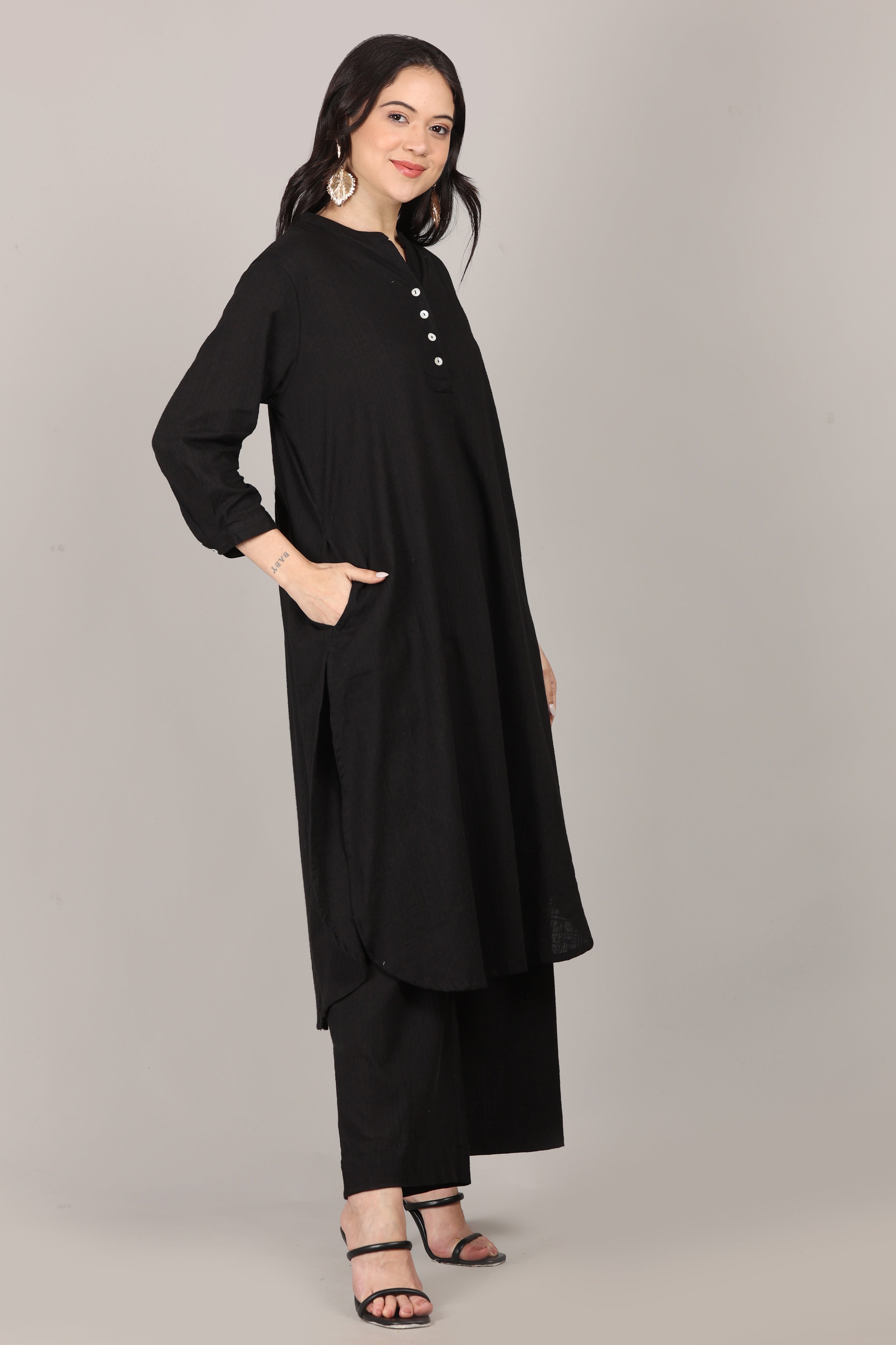 Black Dobby Striped Cotton A-Line Kurta Pant Co-Ord Set (Sukoon)