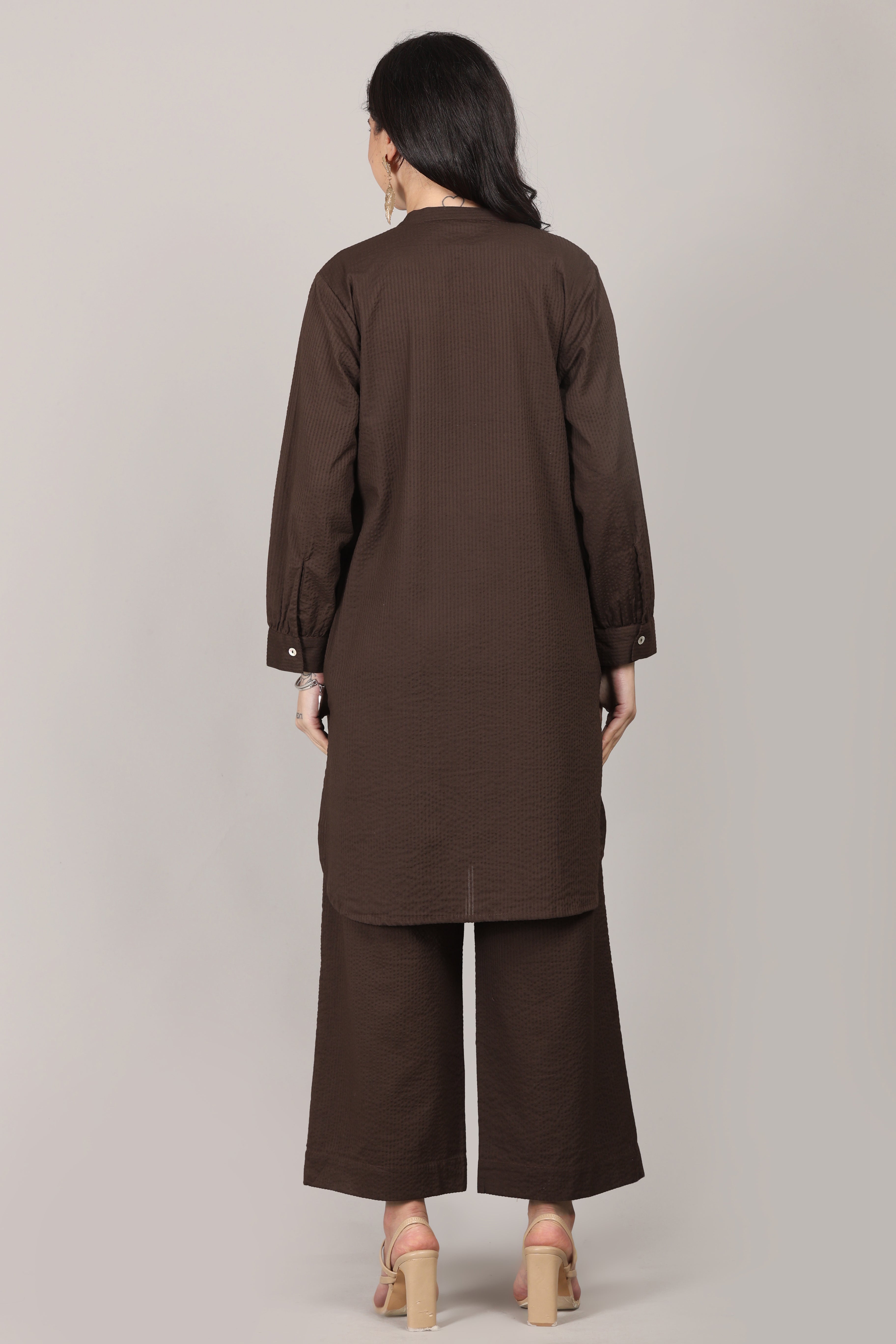 Thick Chocolate Seersucker Cotton A-Line Kurta Pant Co-Ord Set