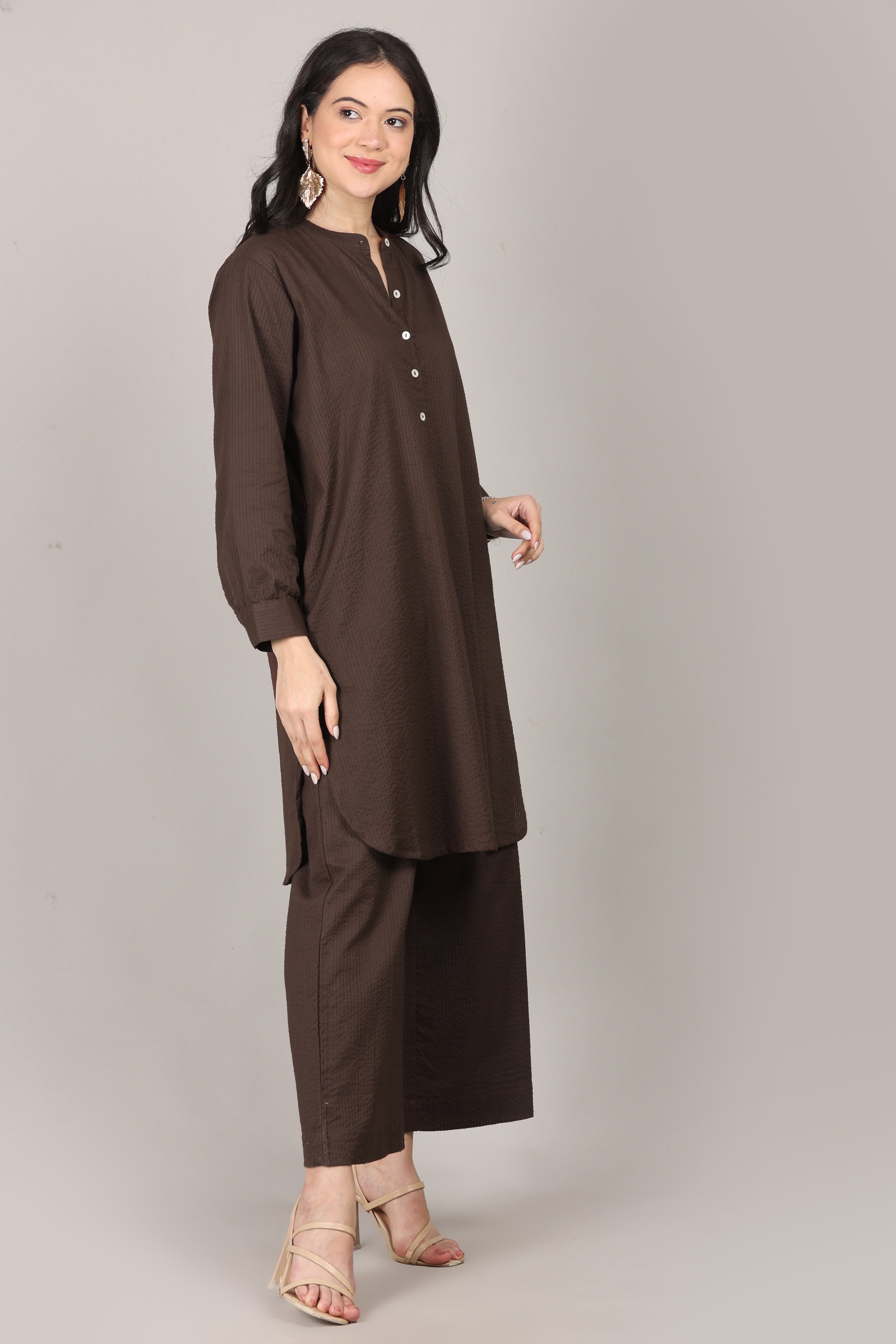Thick Chocolate Seersucker Cotton A-Line Kurta Pant Co-Ord Set