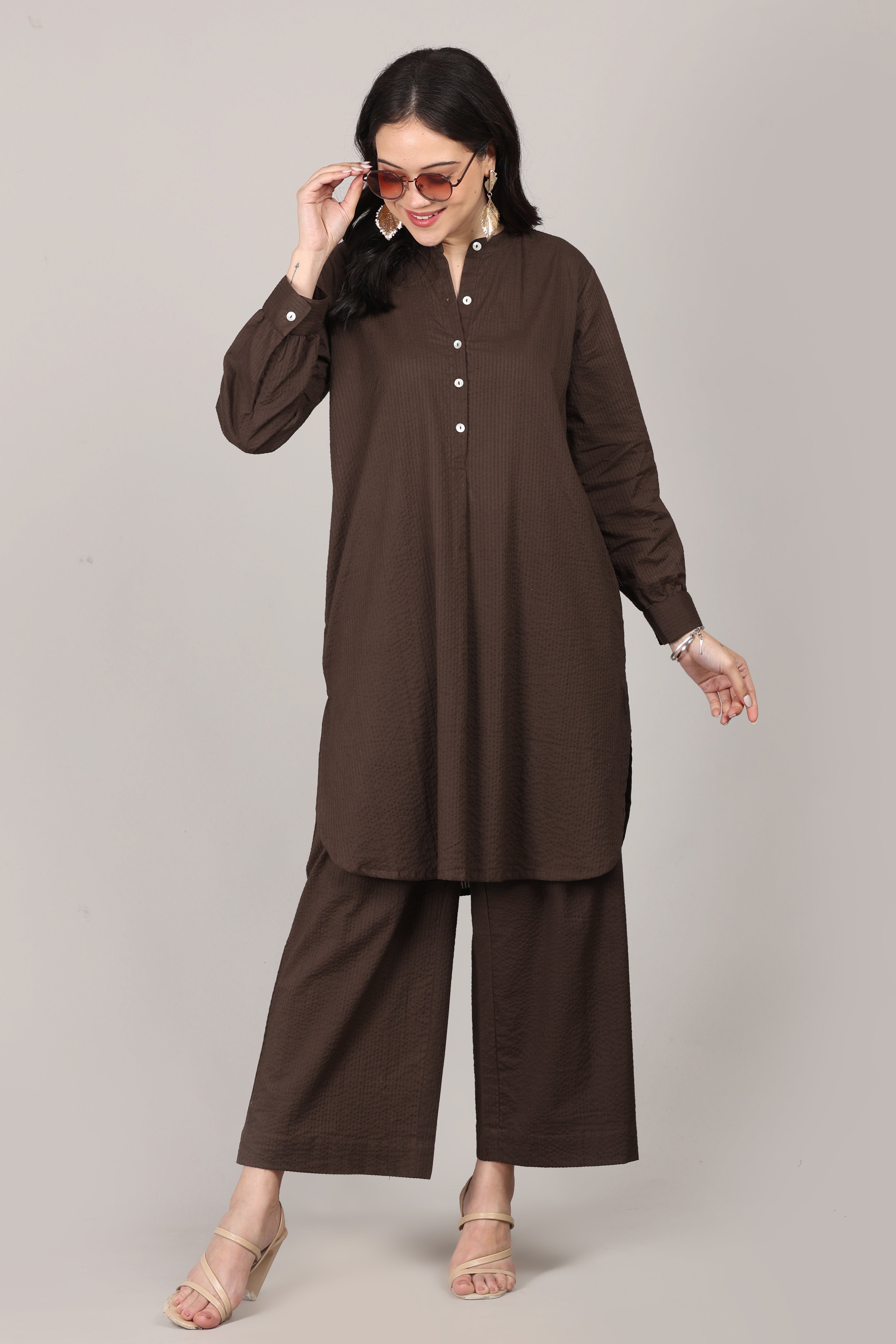Thick Chocolate Seersucker Striped Cotton A-Line Kurta Pant Co-Ord Set