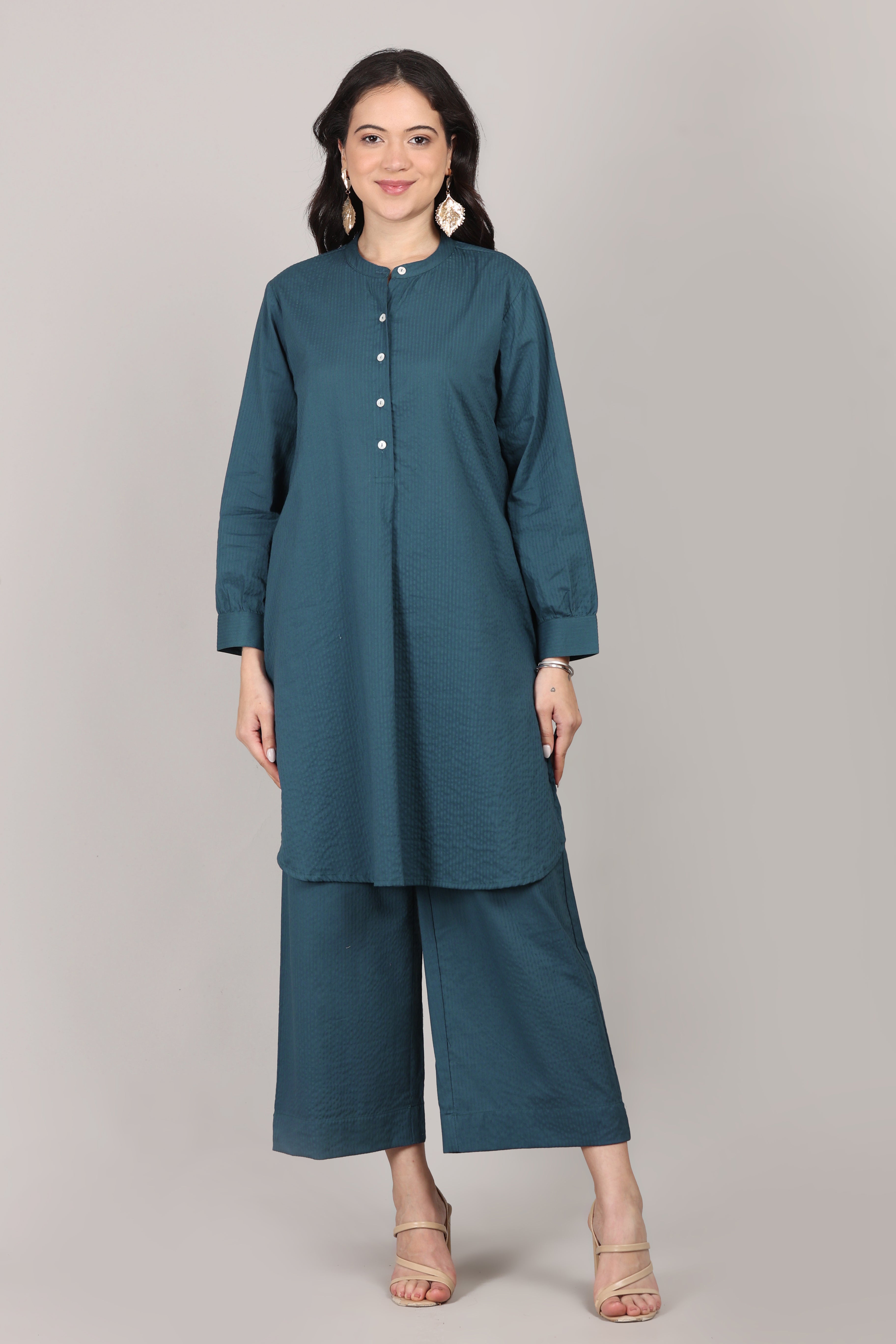 Indian Teal Seersucker Striped Cotton A-Line Kurta Pant Co-Ord Set