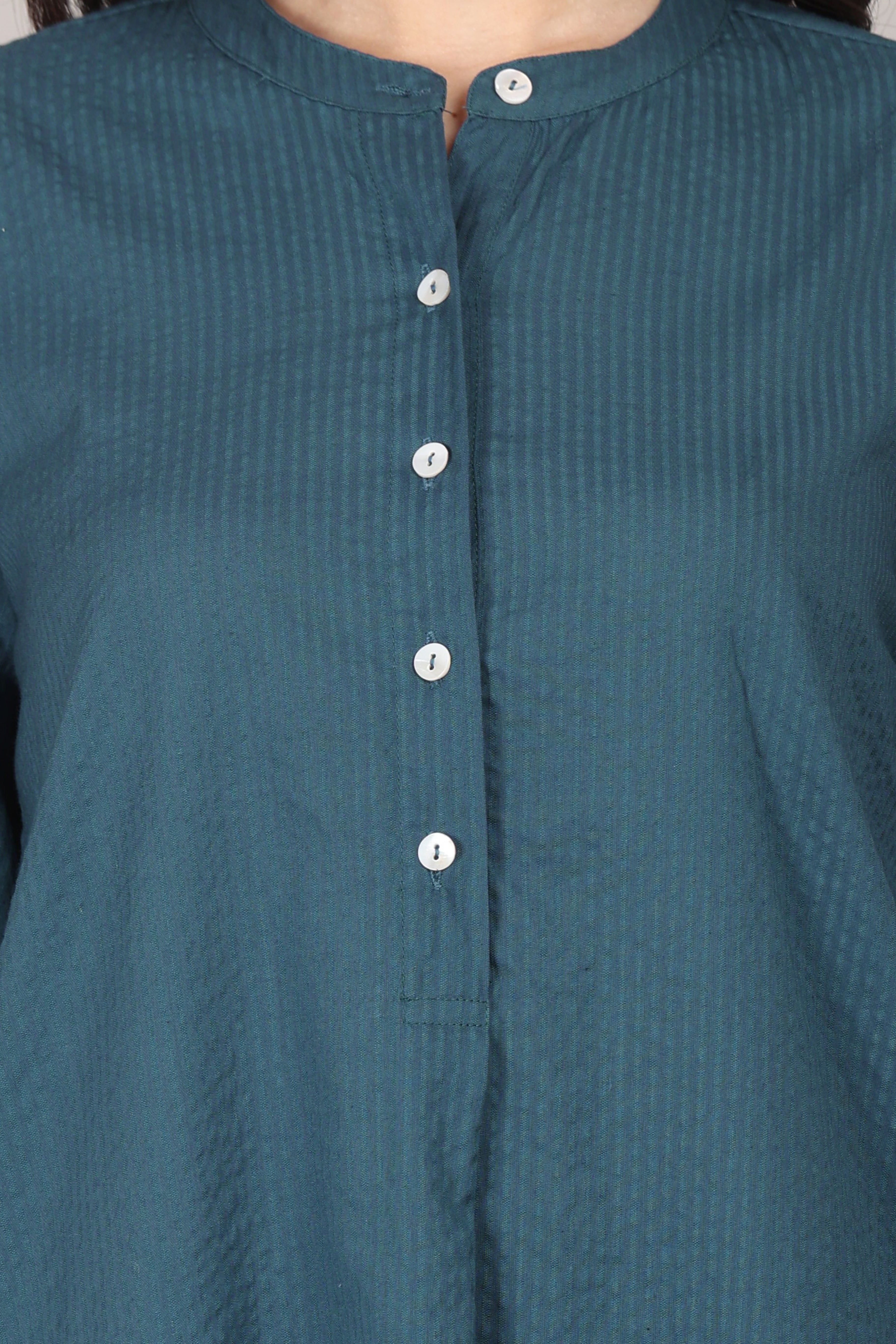 Indian Teal Seersucker Cotton A-Line Kurta Pant Co-Ord Set