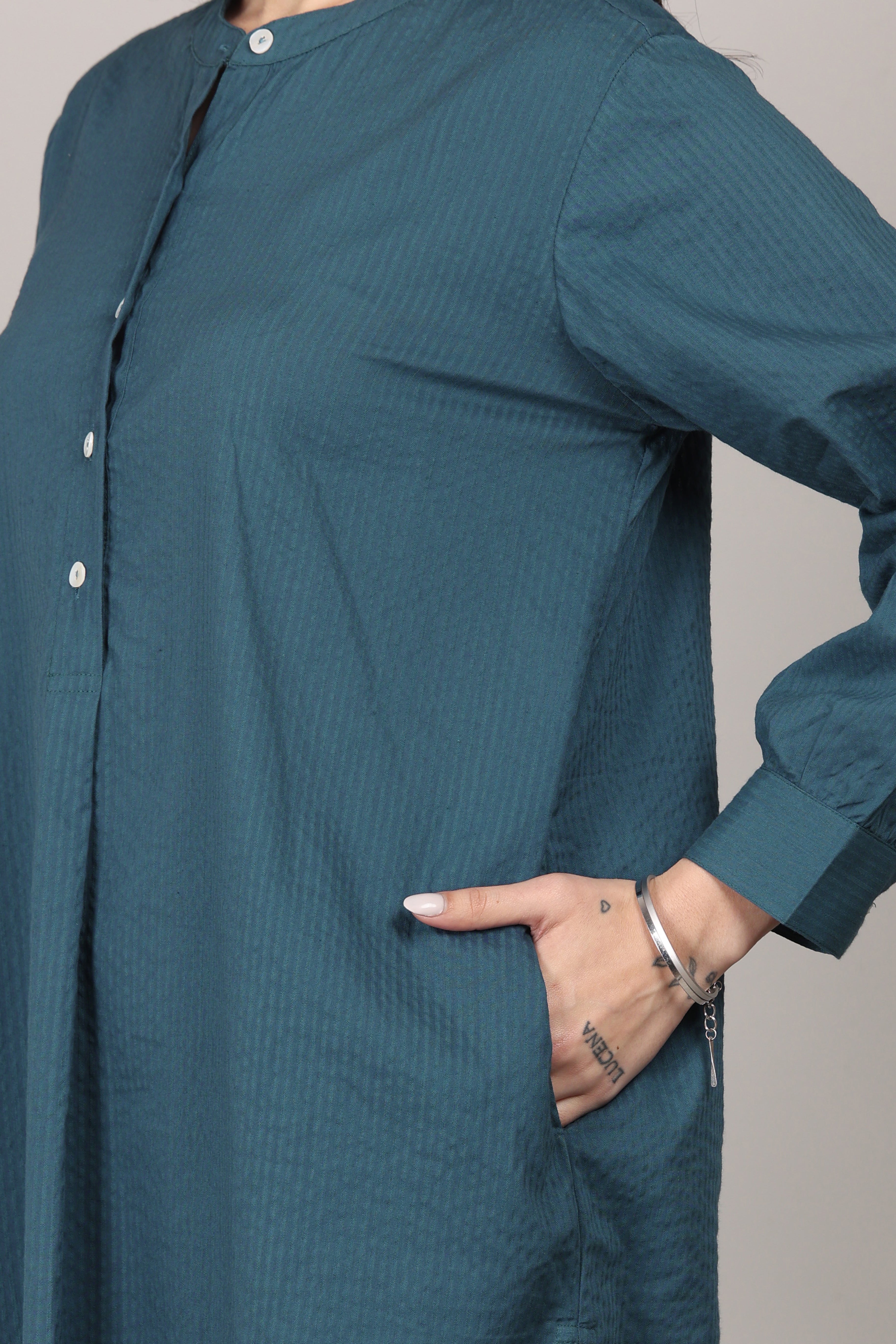 Indian Teal Seersucker Cotton A-Line Kurta Pant Co-Ord Set