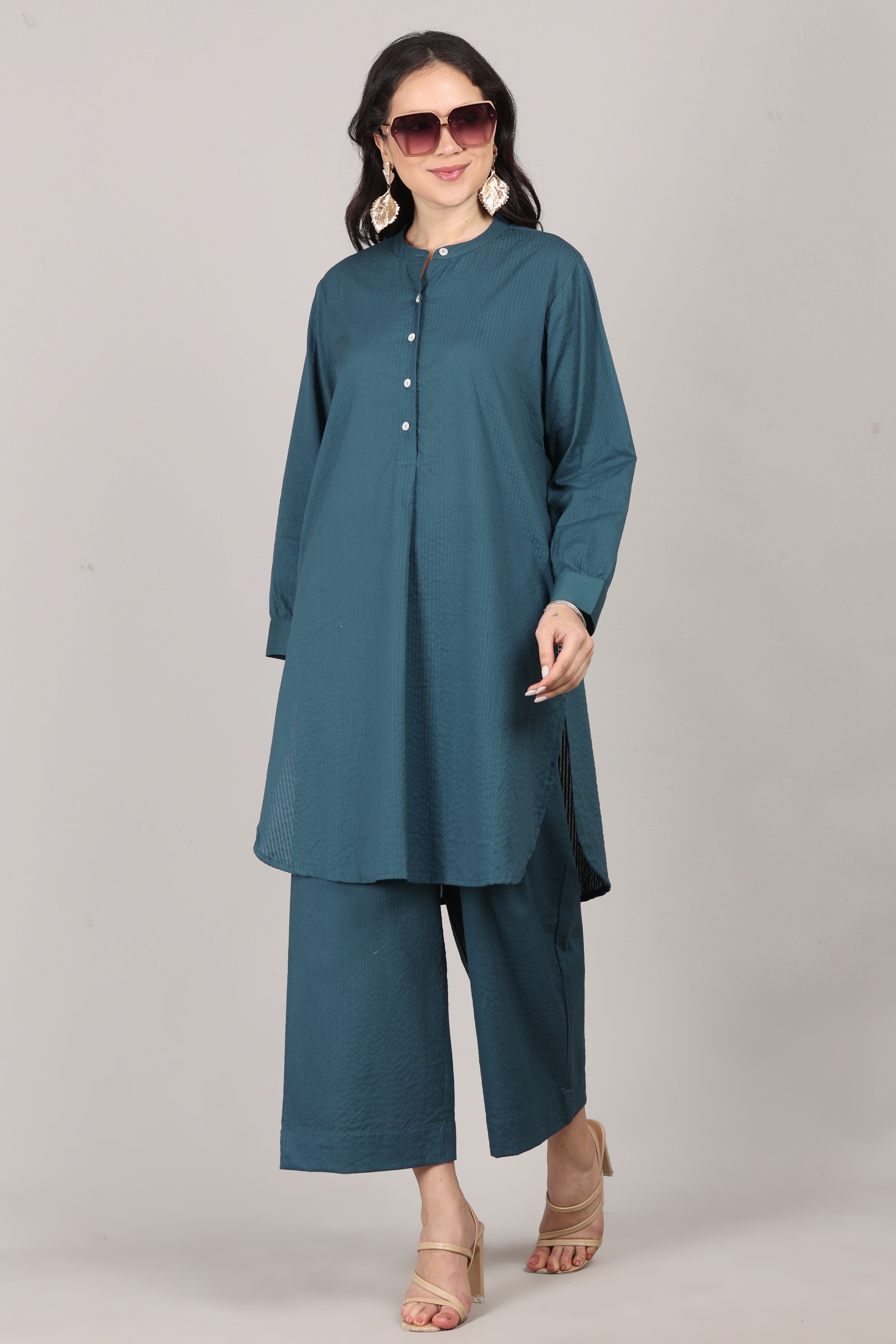 Indian Teal Seersucker Striped Cotton A-Line Kurta Pant Co-Ord Set