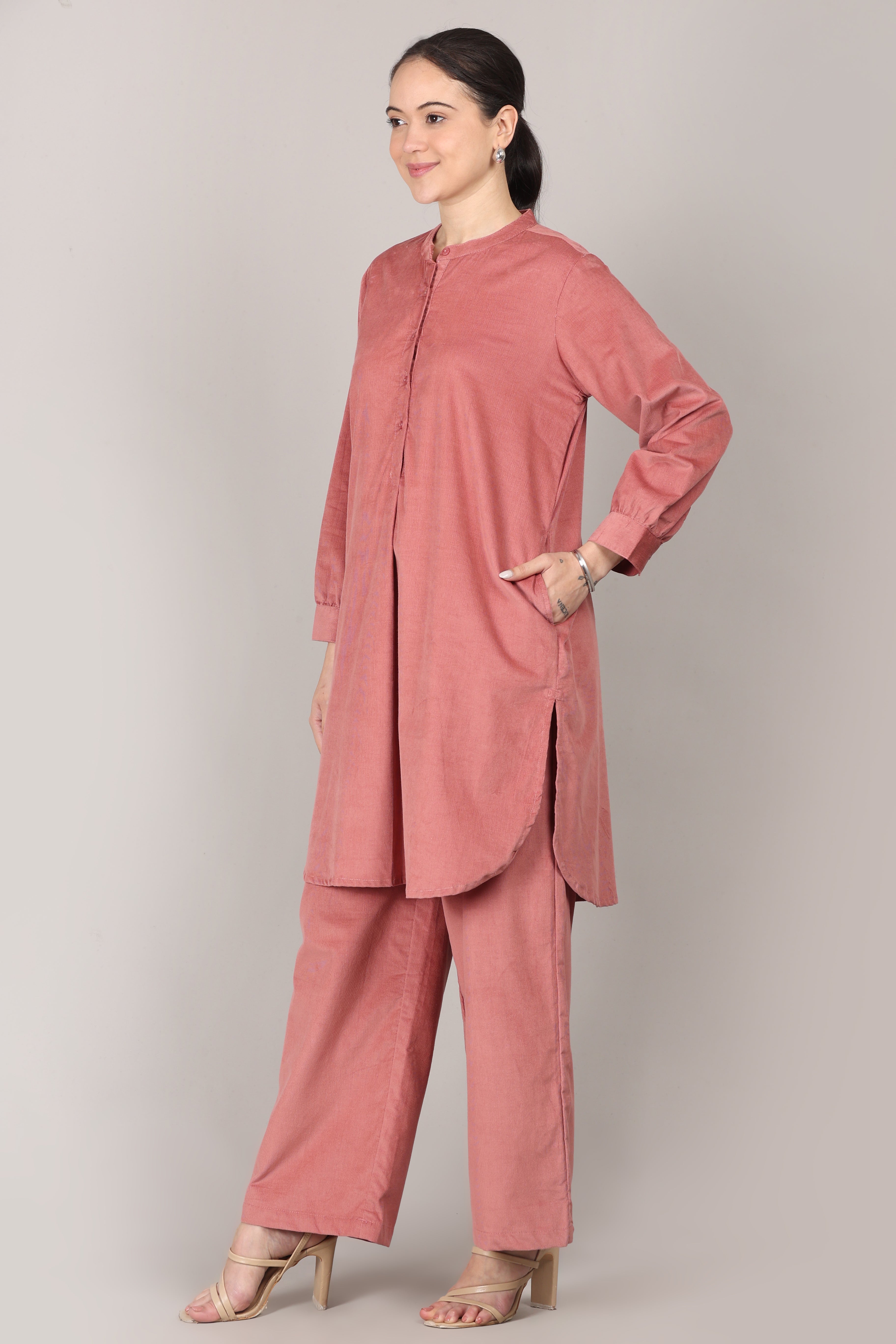 Canyon Rose Corduroy Solid Cotton A-Line Kurta Pant Co-Ord Set