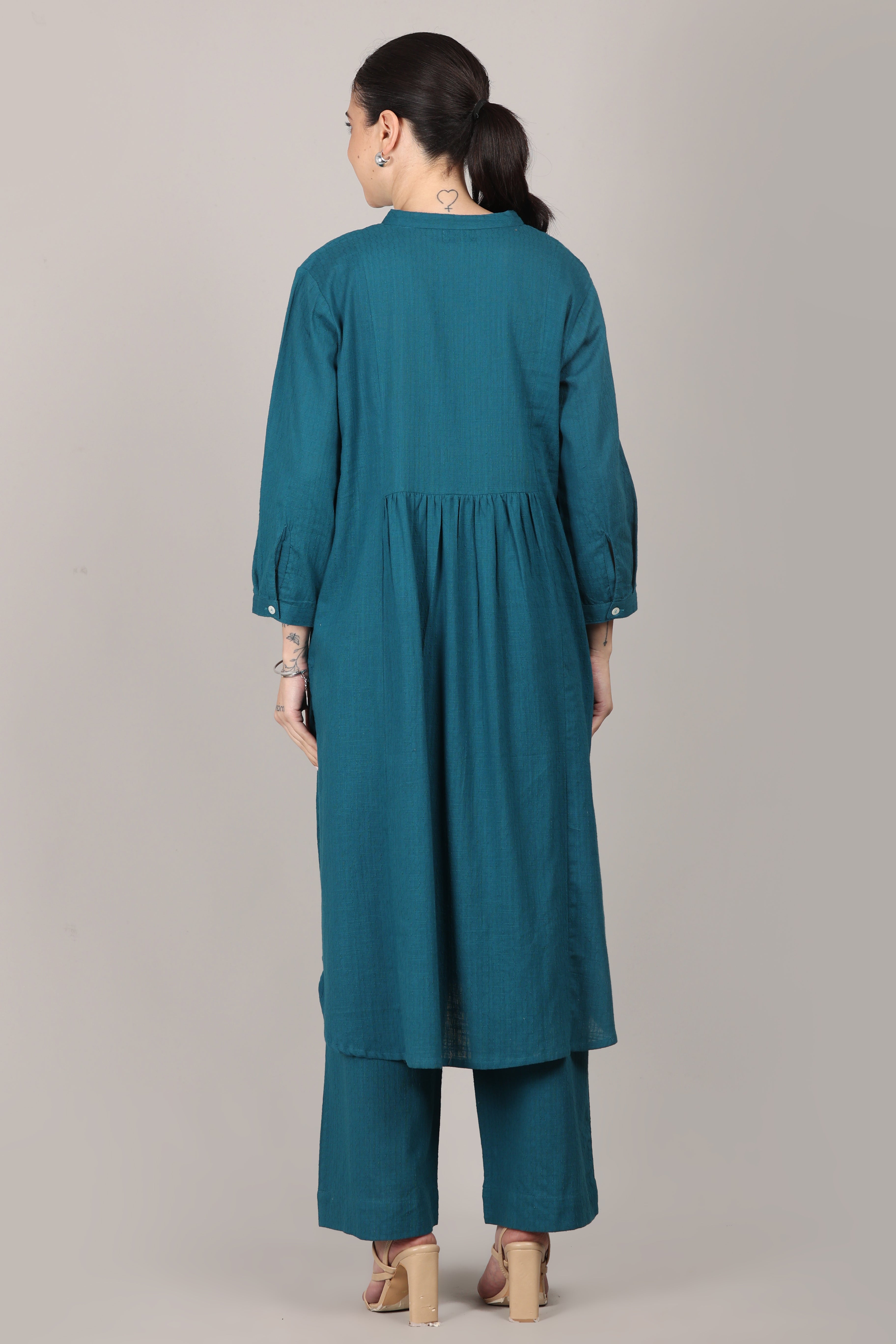 Teal Dobby Striped Cotton A-Line Kurta Pant Co-Ord Set (Sukoon)