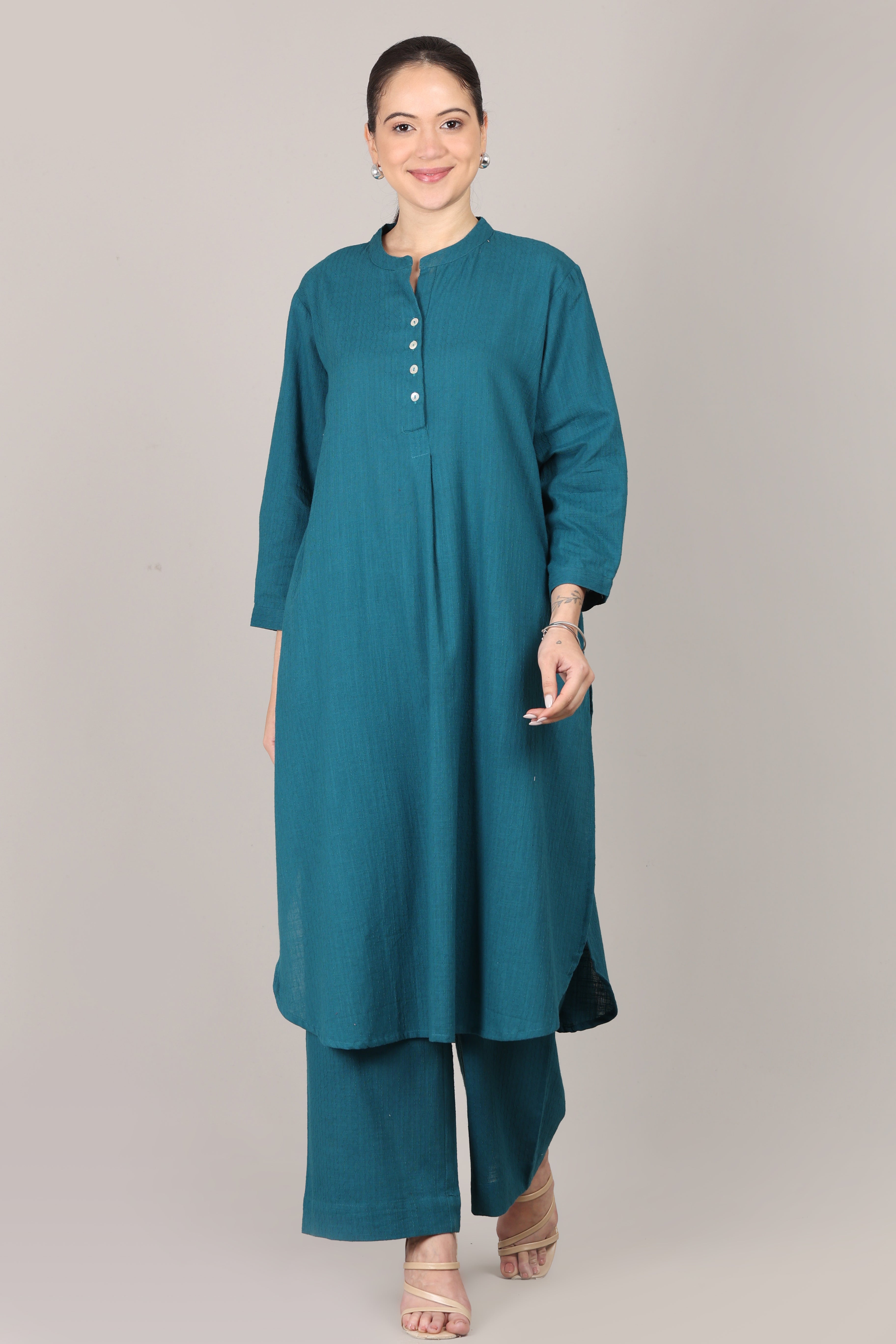 Teal Dobby Striped Cotton A-Line Kurta Pant Co-Ord Set (Sukoon)