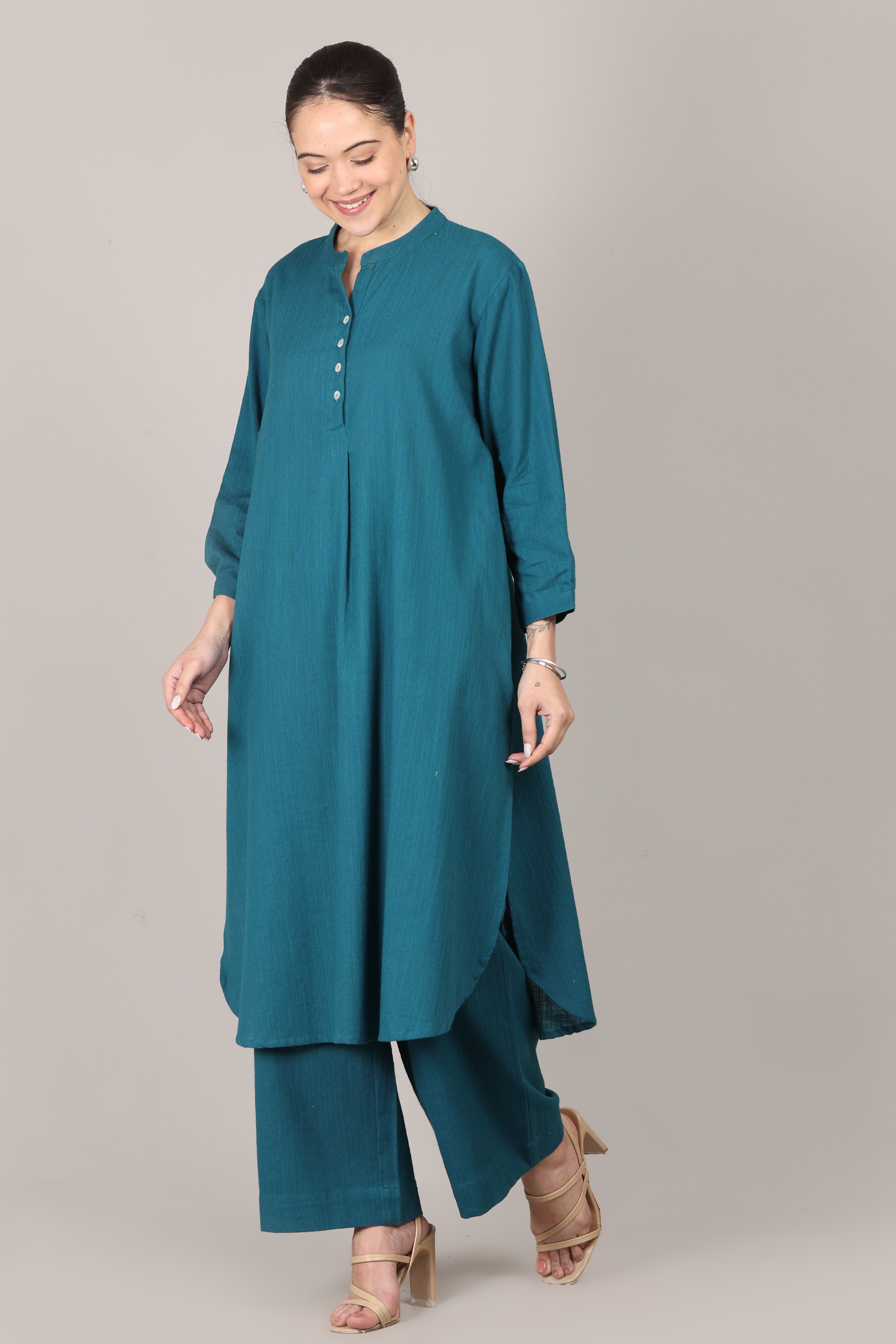 Teal Dobby Striped Cotton A-Line Kurta Pant Co-Ord Set (Sukoon)