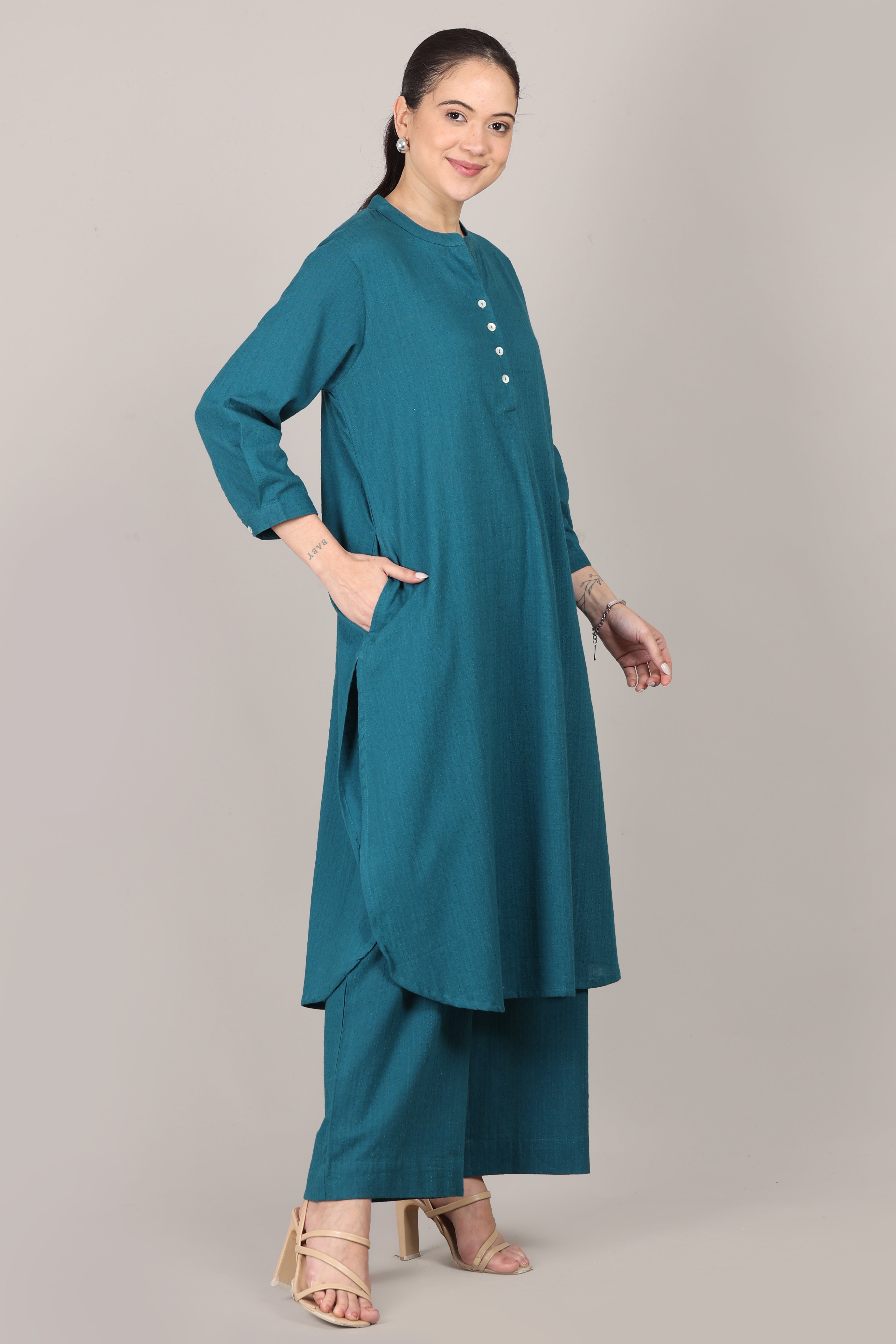 Teal Dobby Striped Cotton A-Line Kurta Pant Co-Ord Set (Sukoon)