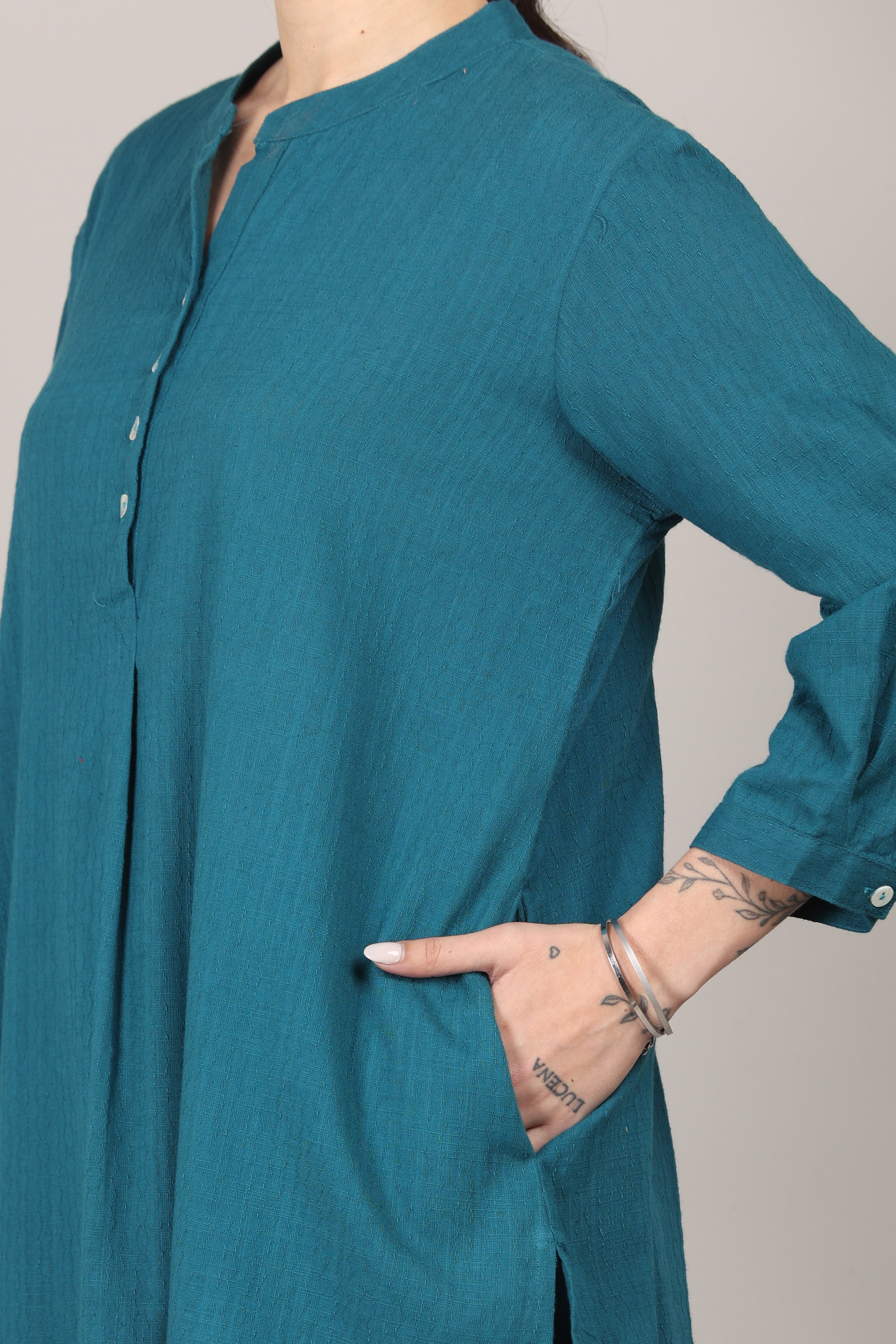 Teal Dobby Striped Cotton A-Line Kurta Pant Co-Ord Set (Sukoon)