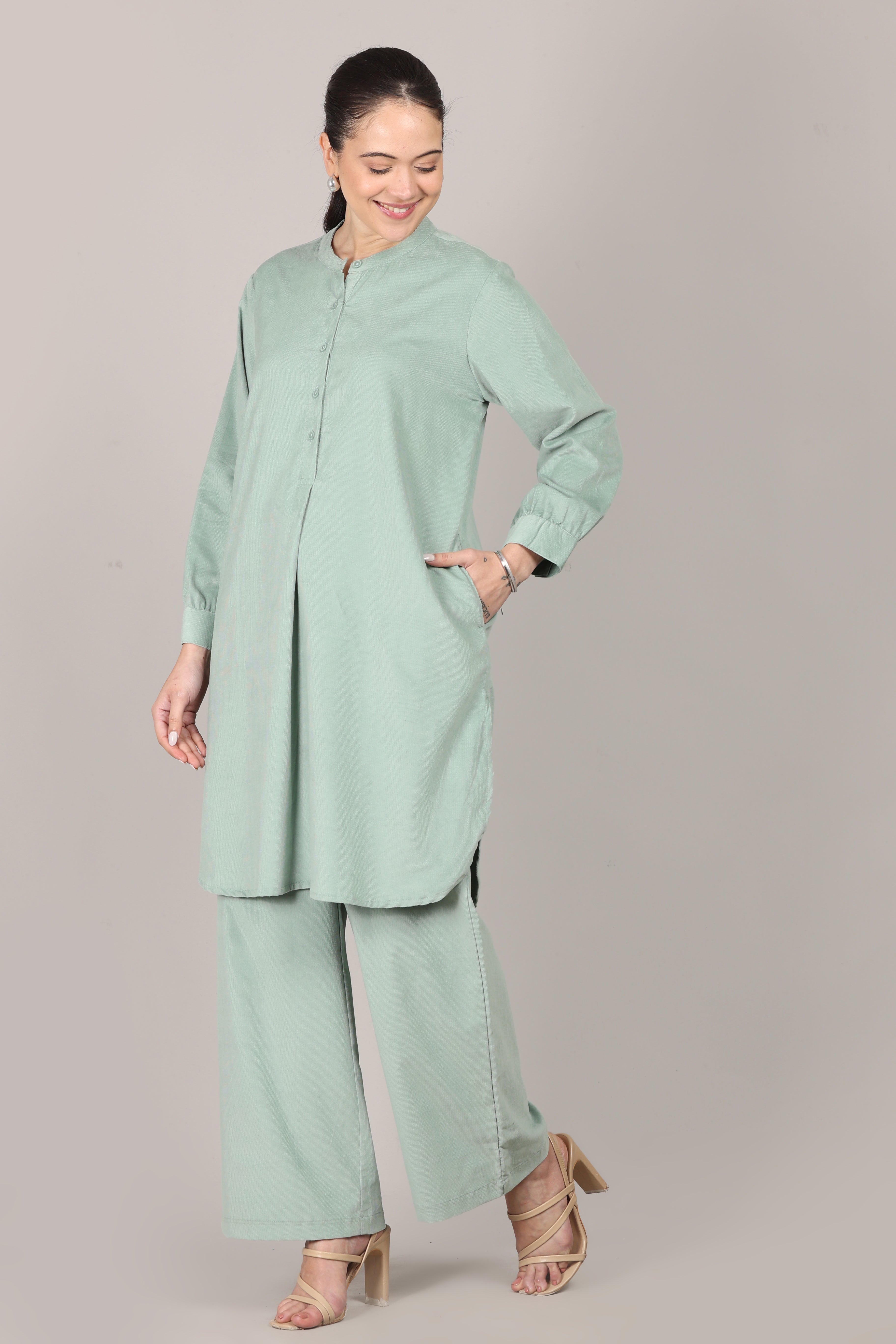 Frosty Green Corduroy Solid Cotton A-Line Kurta Pant Co-Ord Set