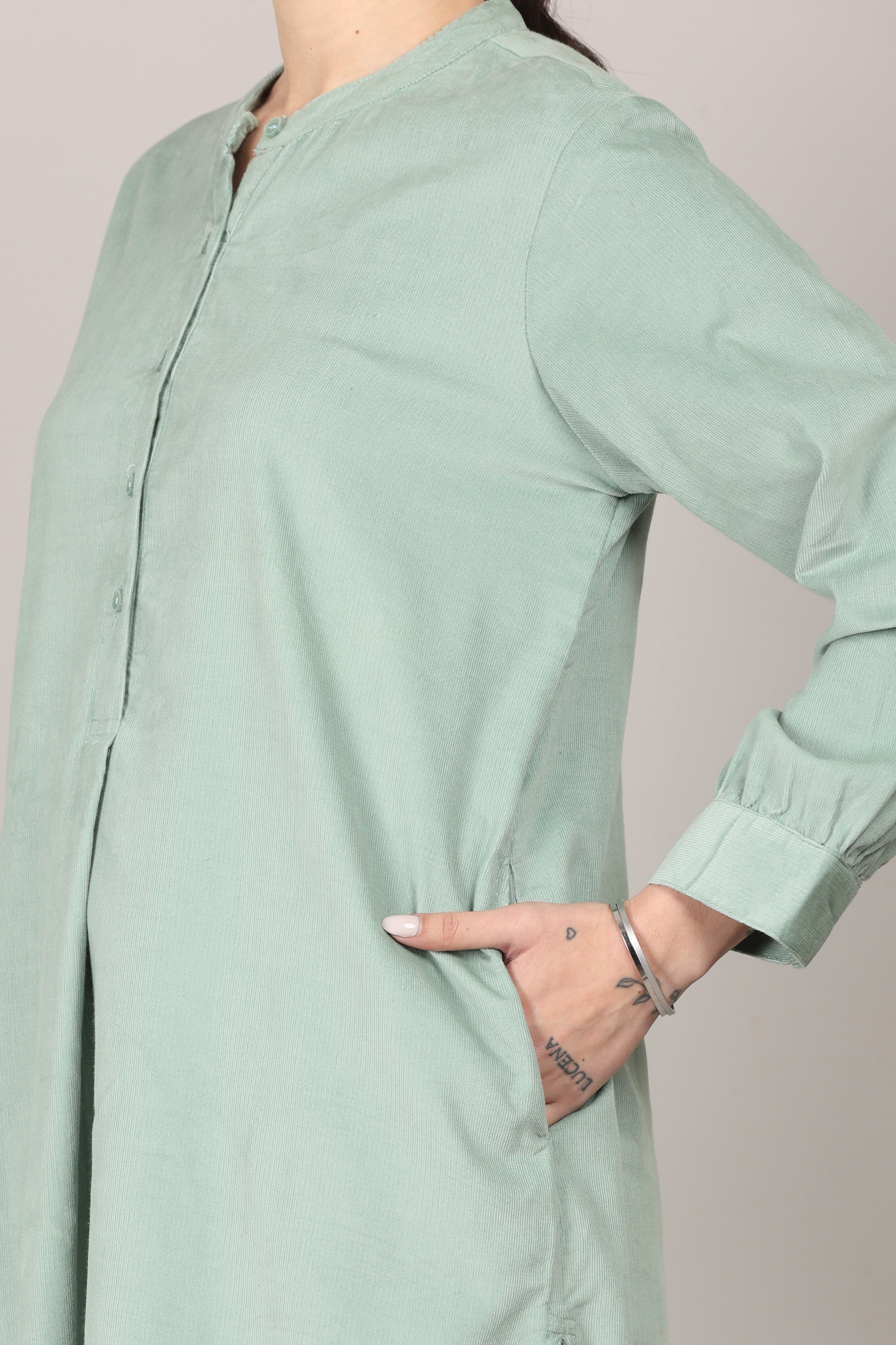 Frosty Green Corduroy Solid Cotton A-Line Kurta Pant Co-Ord Set