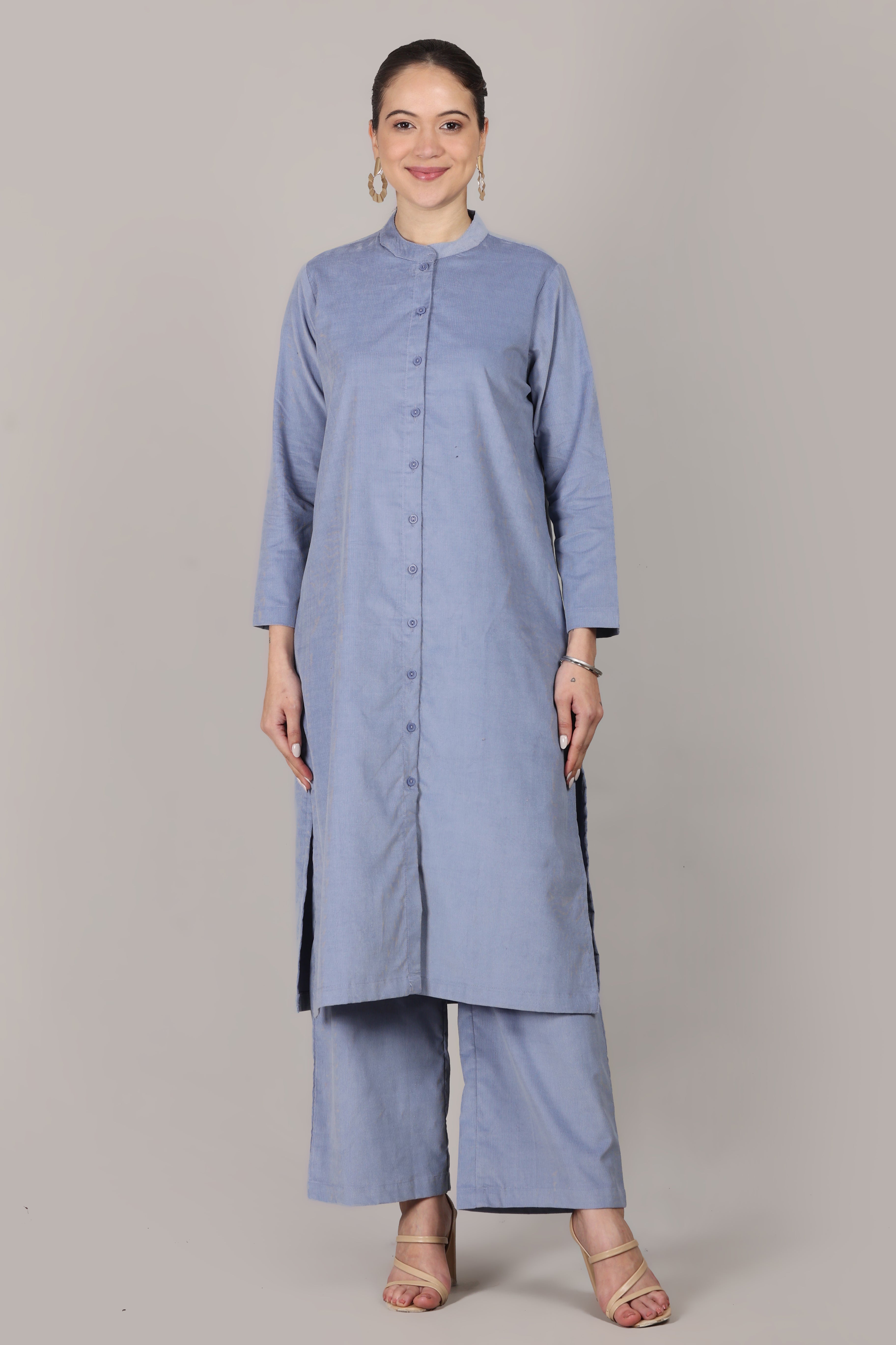 Forever Blue Corduroy Solid Straight-Fit Cotton Kurta Pant Co-ord Set