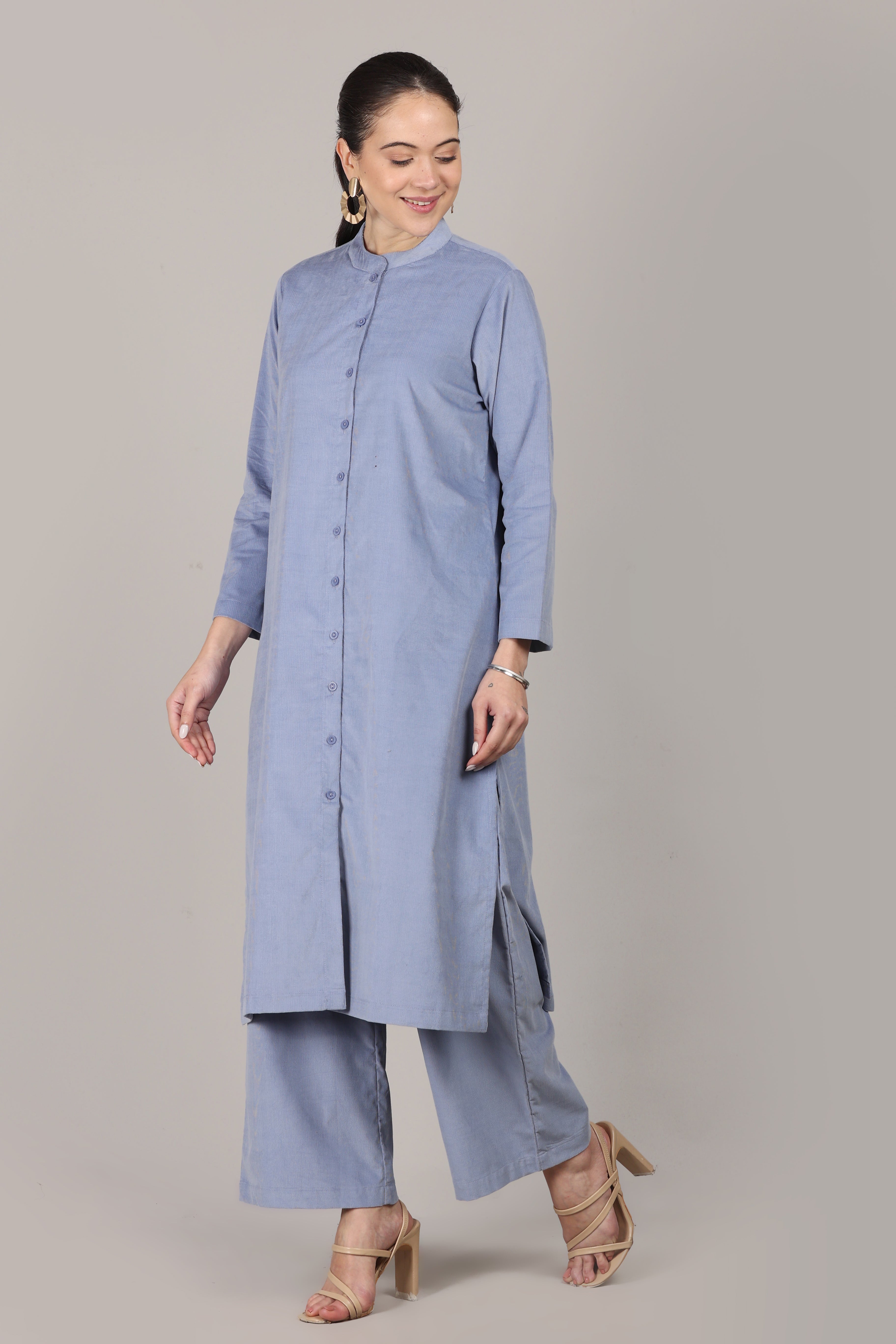 Forever Blue Corduroy Solid Straight-Fit Cotton Kurta Pant Co-ord Set