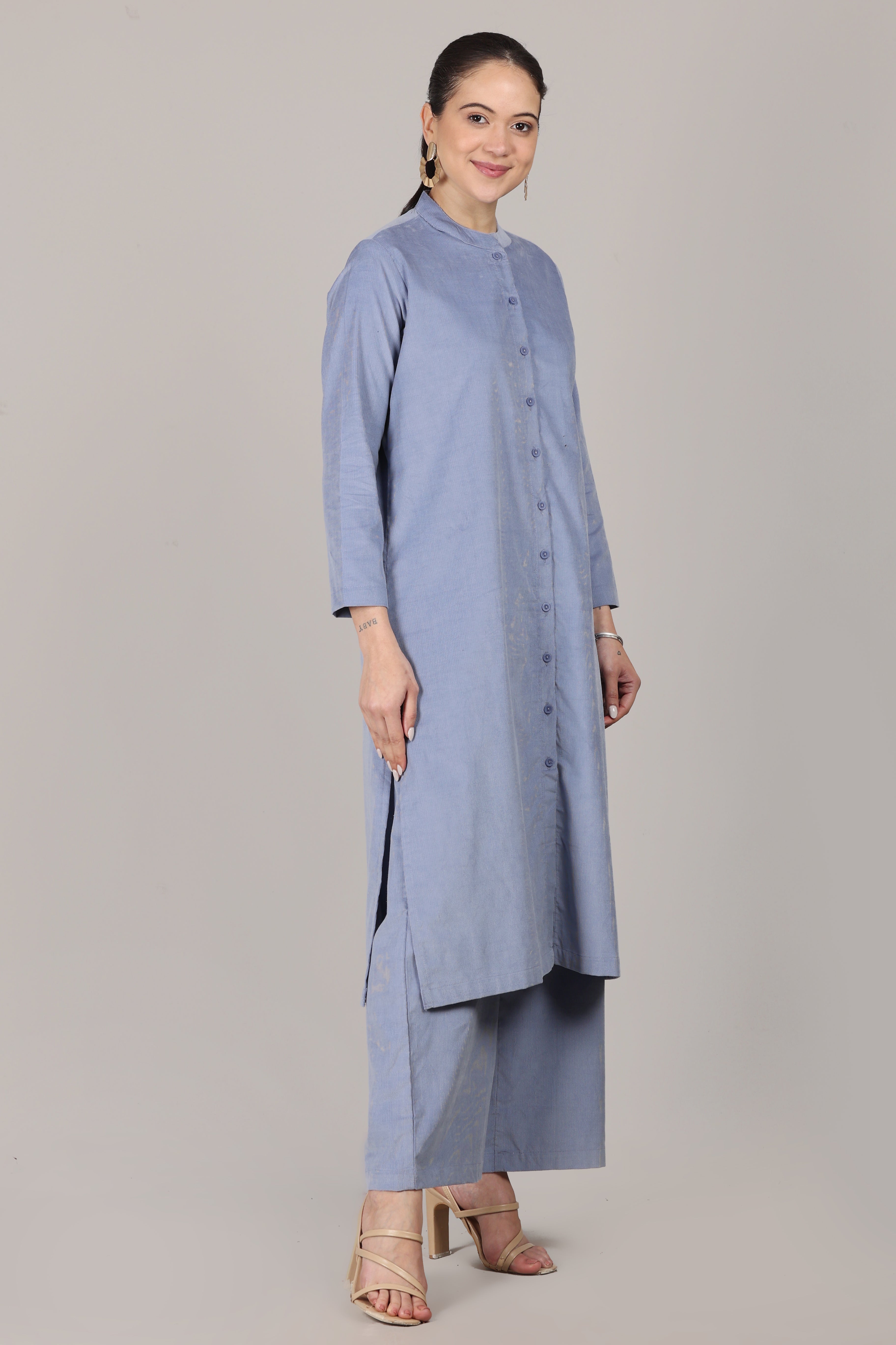 Forever Blue Corduroy Solid Straight-Fit Cotton Kurta Pant Co-ord Set
